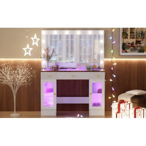 43.3 Vanity Desk With Large Mirror And Hollywood Bulbs, Modern Glass Top Makeup Vanity With Drawers And Power Outlet, Large Dressing Table With 3 Color Lighting Modes & RGB Cabinets For Bedroom