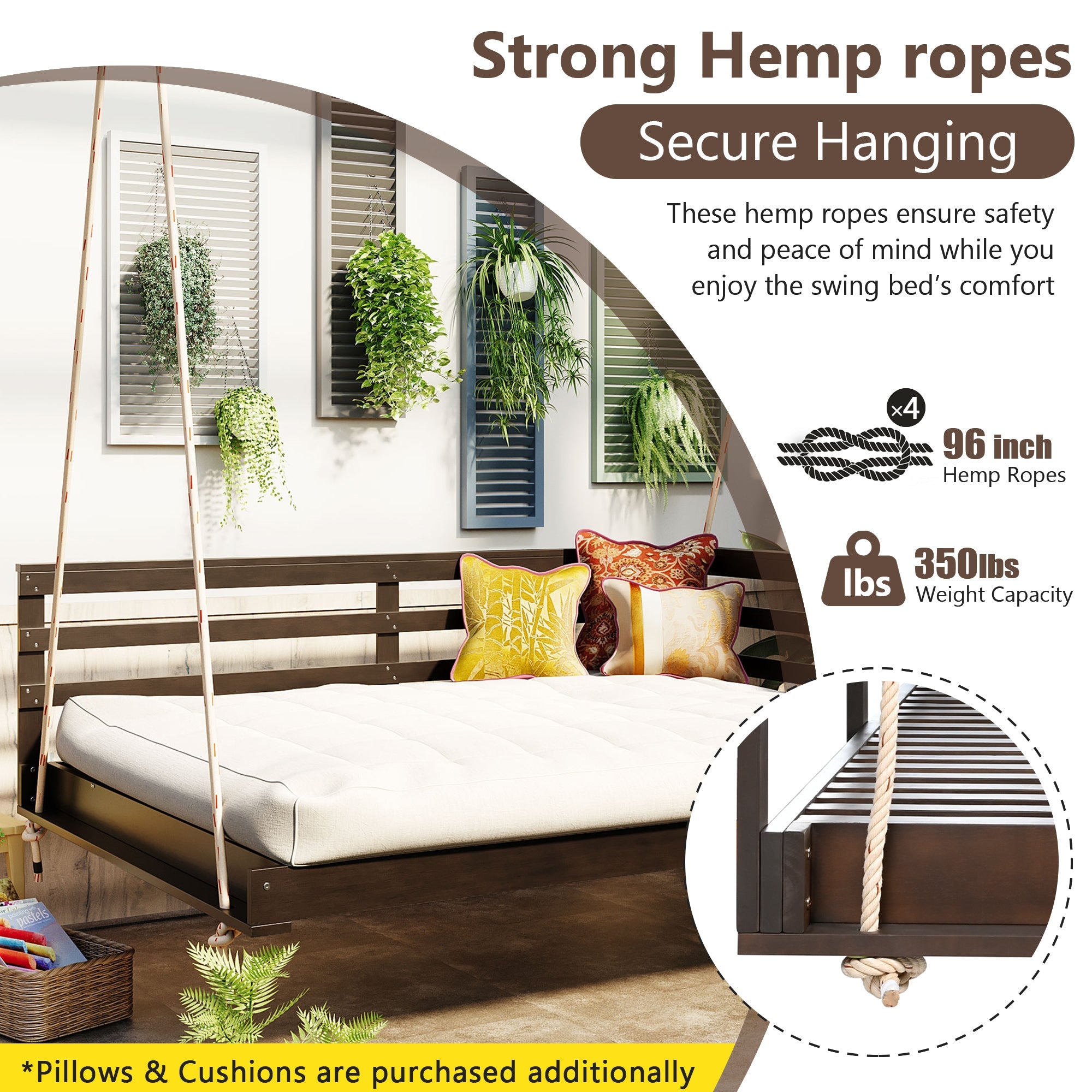 Acacia Wood Porch Swing Bed for Outdoor with Hemp Ropes - Full Size