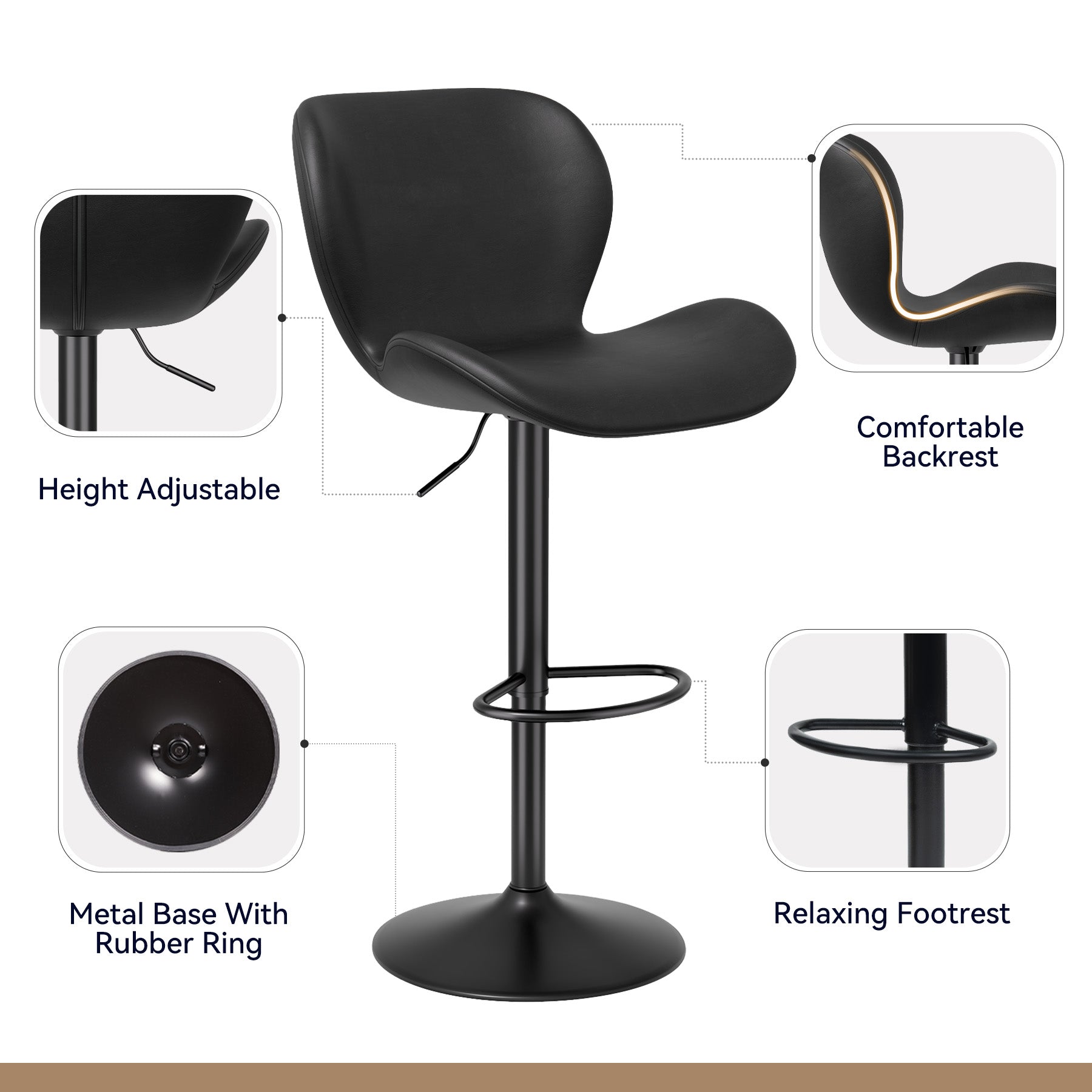 Bar Stools Set Of 2,PU Leather Upholstered Barstools With Back & Footrest, Seat Adjustable Height 22.2-31IN Counter Height Bar Chairs For Bar Kitchen Island