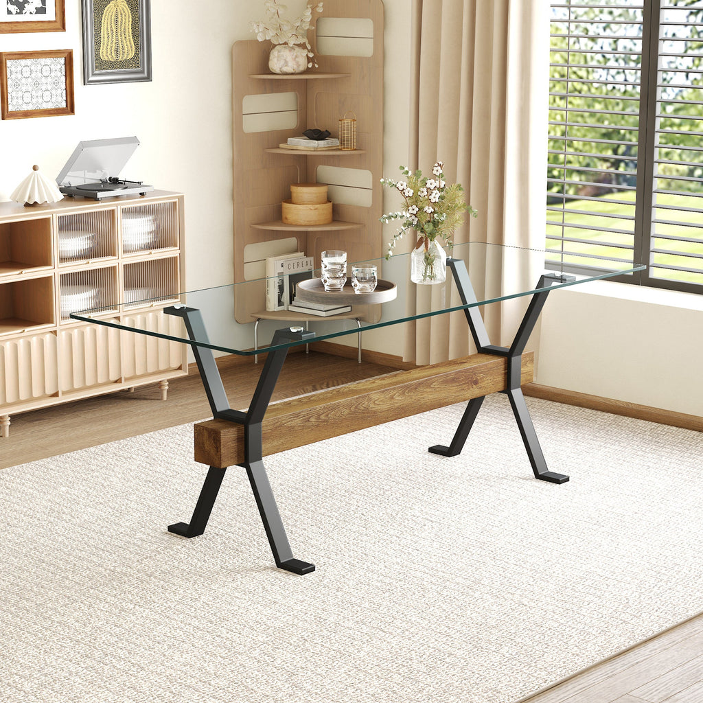 Elegant Transparent Tempered Glass Dining Table with X-shaped Black