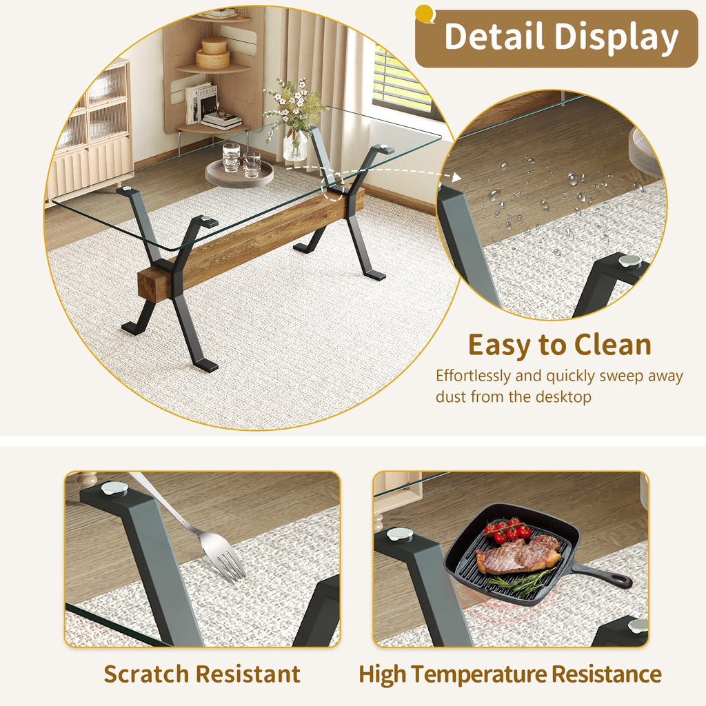 Elegant Transparent Tempered Glass Dining Table with X-shaped Black