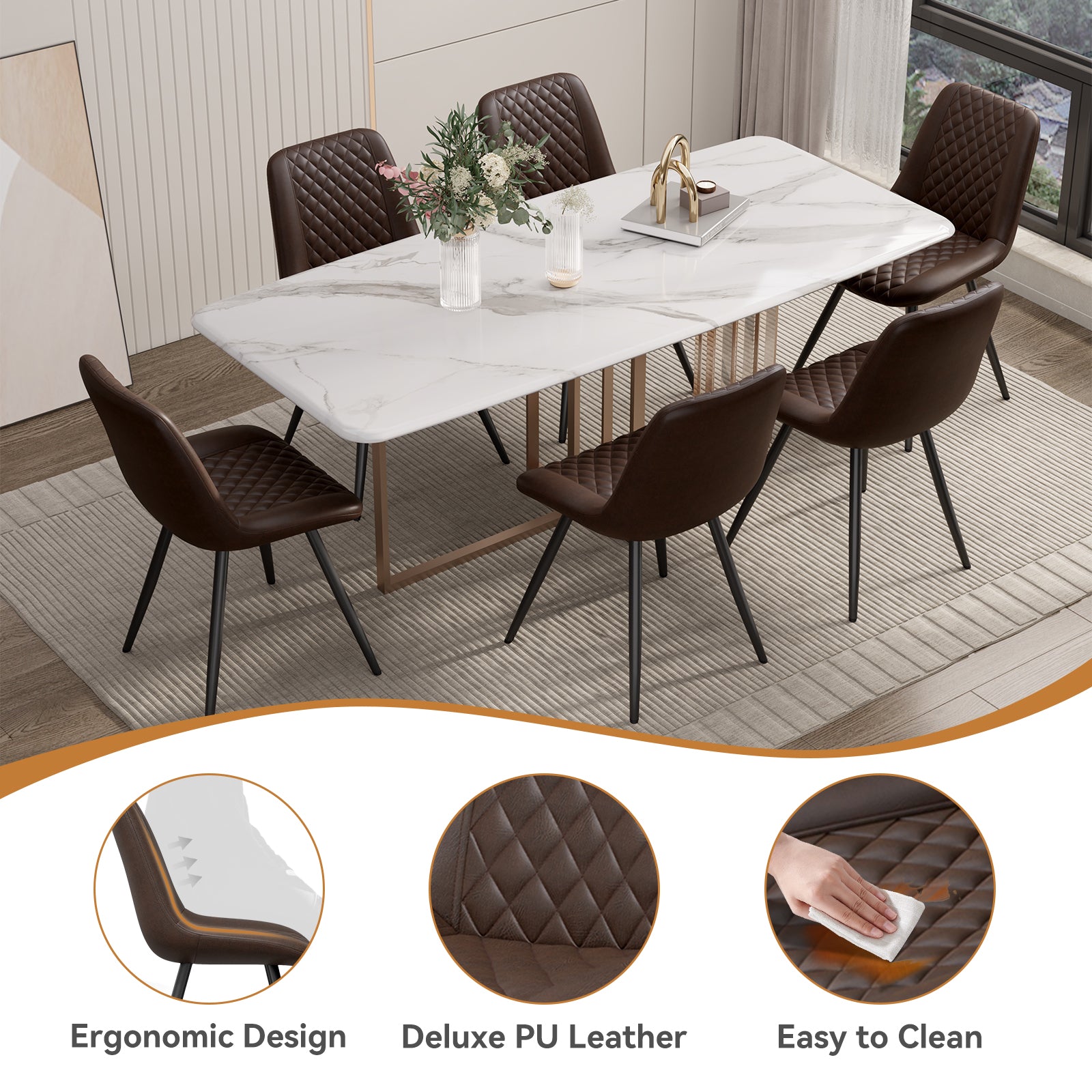 Modern Dining Chairs Set Of 2, Top PU Leather Upholstered Dining Room Chairs With Metal Legs, Ergonomic Kitchen Chairs For Kitchen Dinning Room