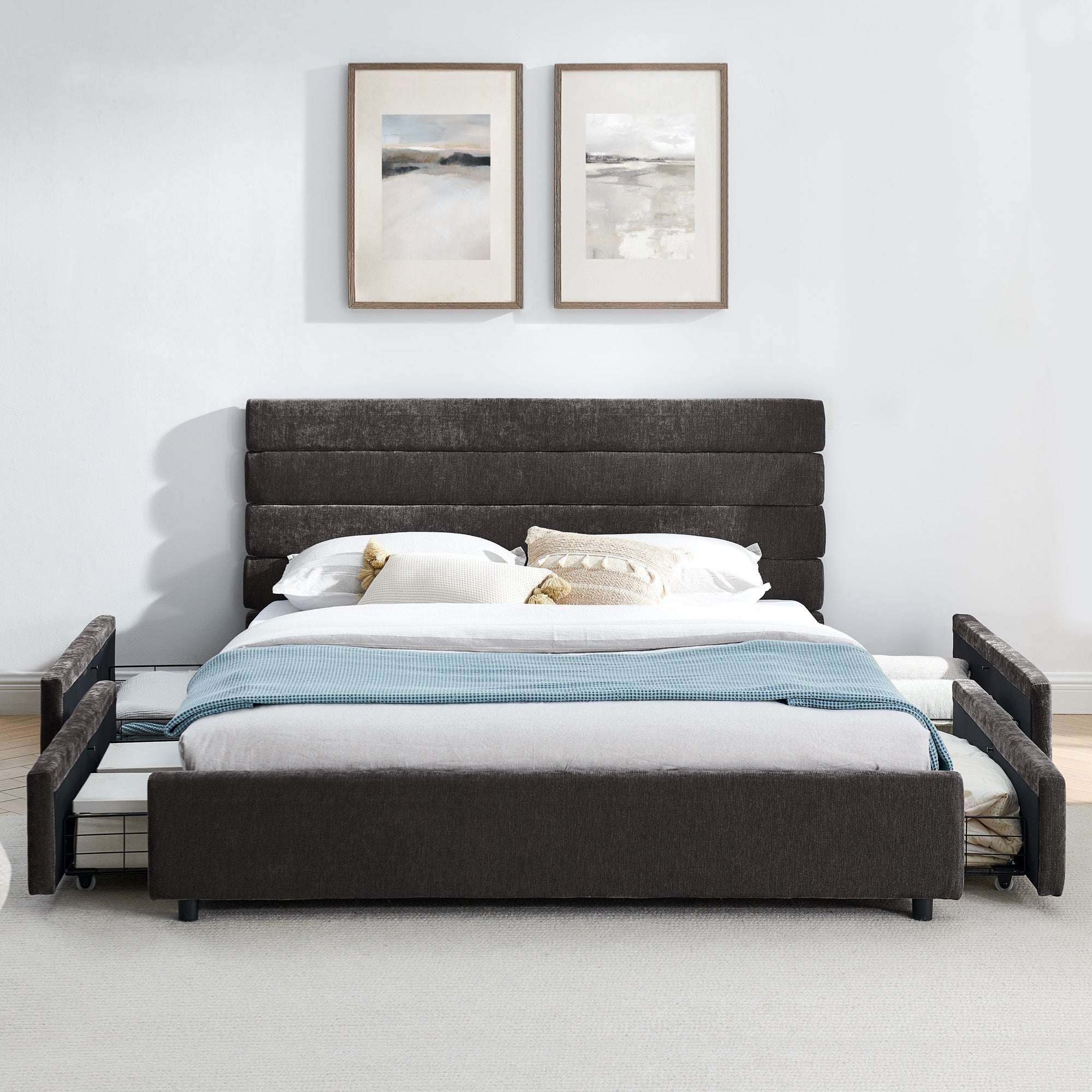 Queen size cushioned bed, comfortable cushioned bed frame, headboard