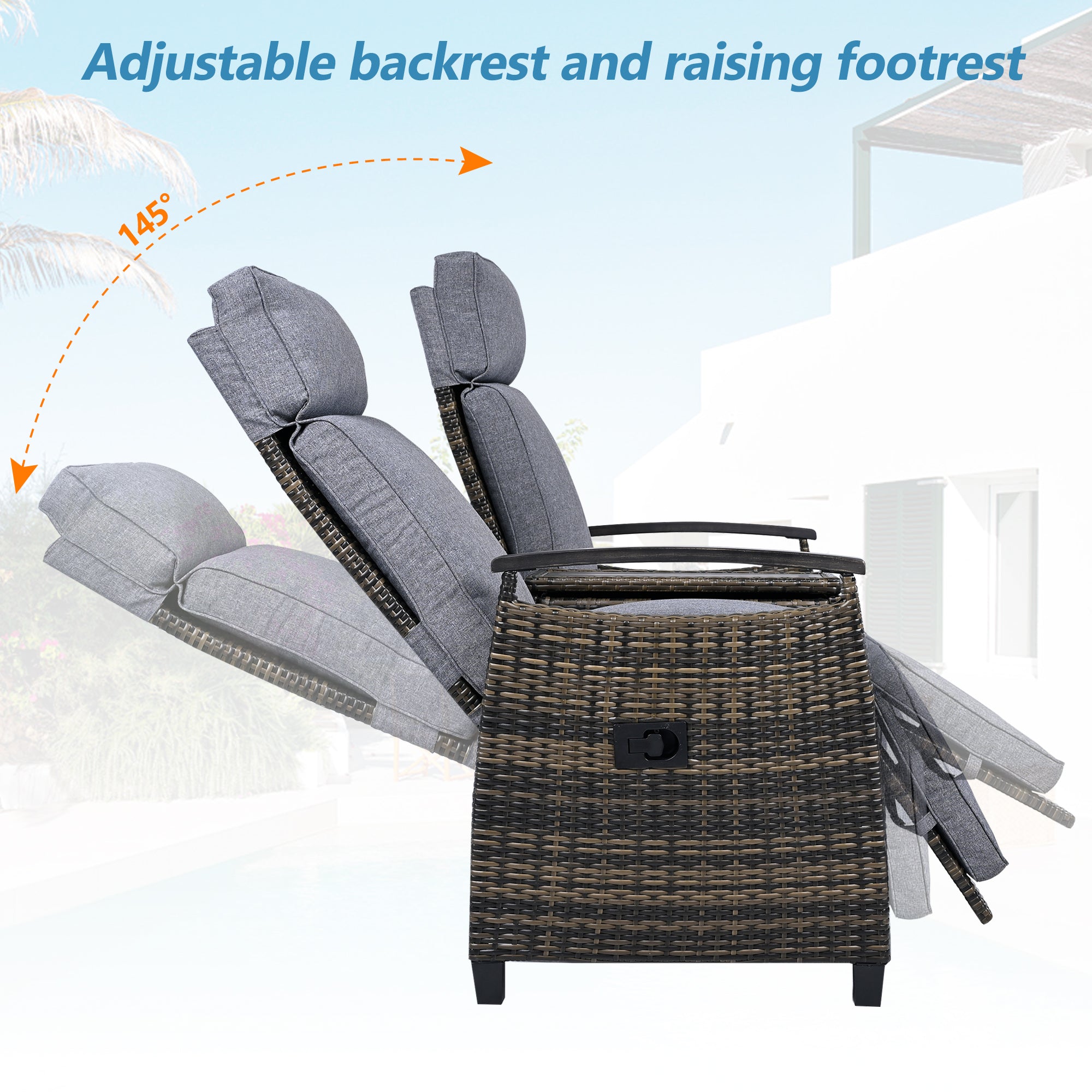 Patio Recliner Loveseat Chair, Adjustable Backrest Wicker Outdoor