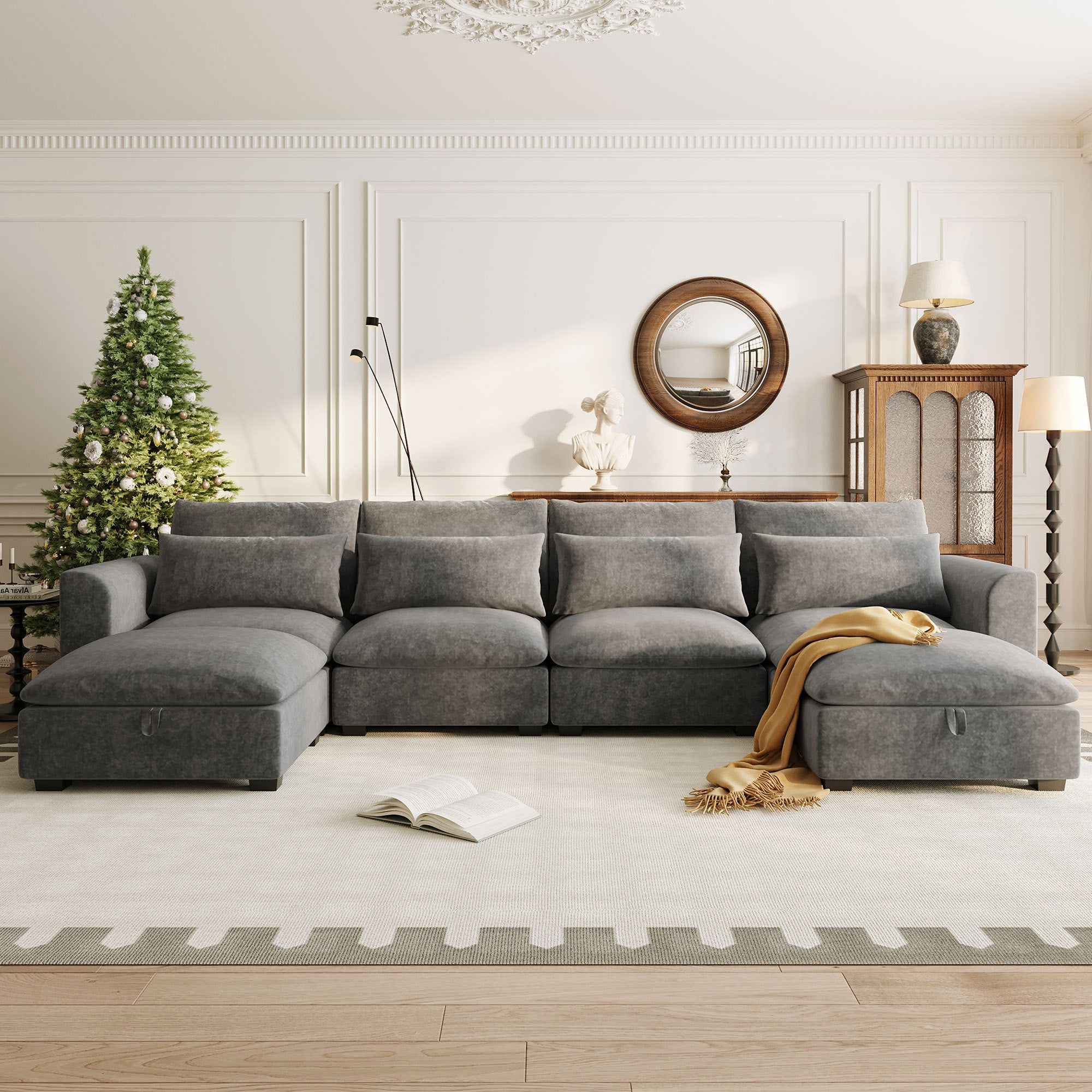 U-shaped Freely Transformable Modular Corner Sofa with Two Ottomans,