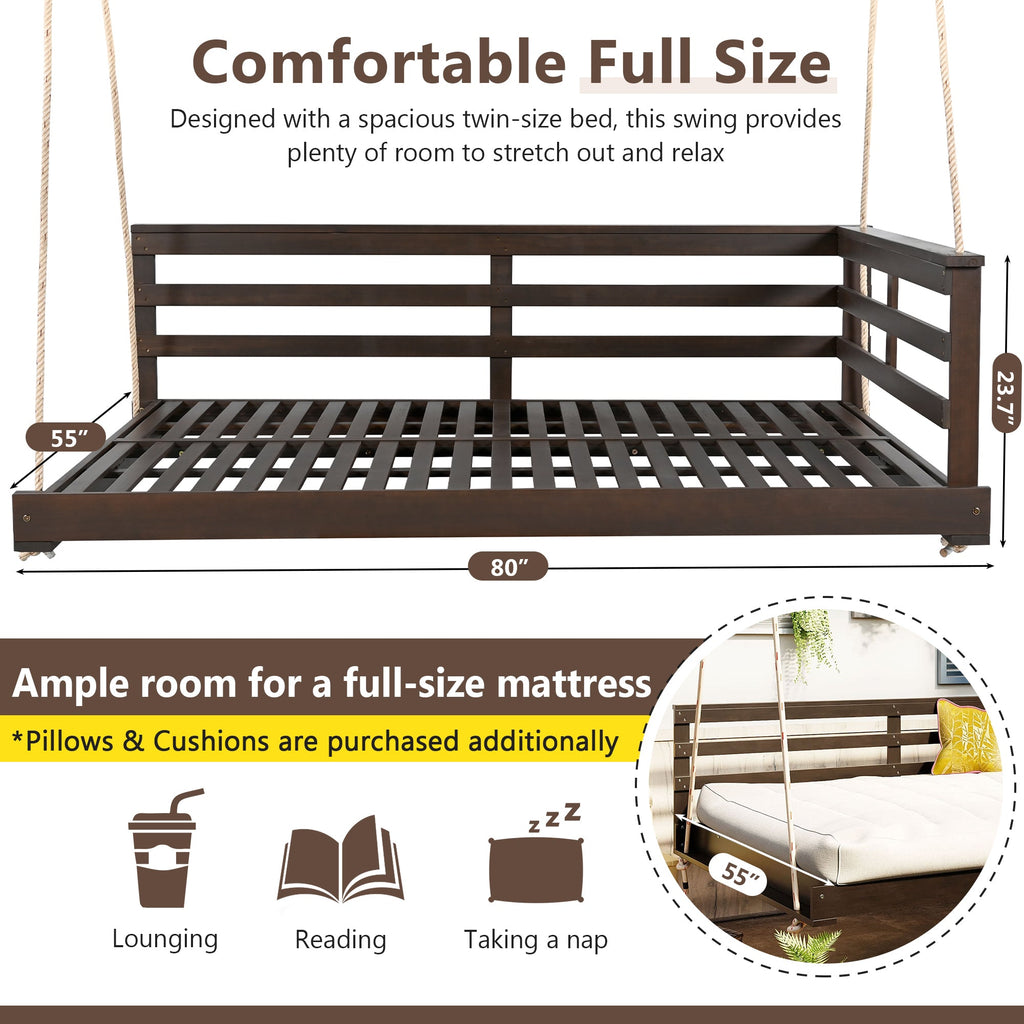 Acacia Wood Porch Swing Bed for Outdoor with Hemp Ropes - Full Size