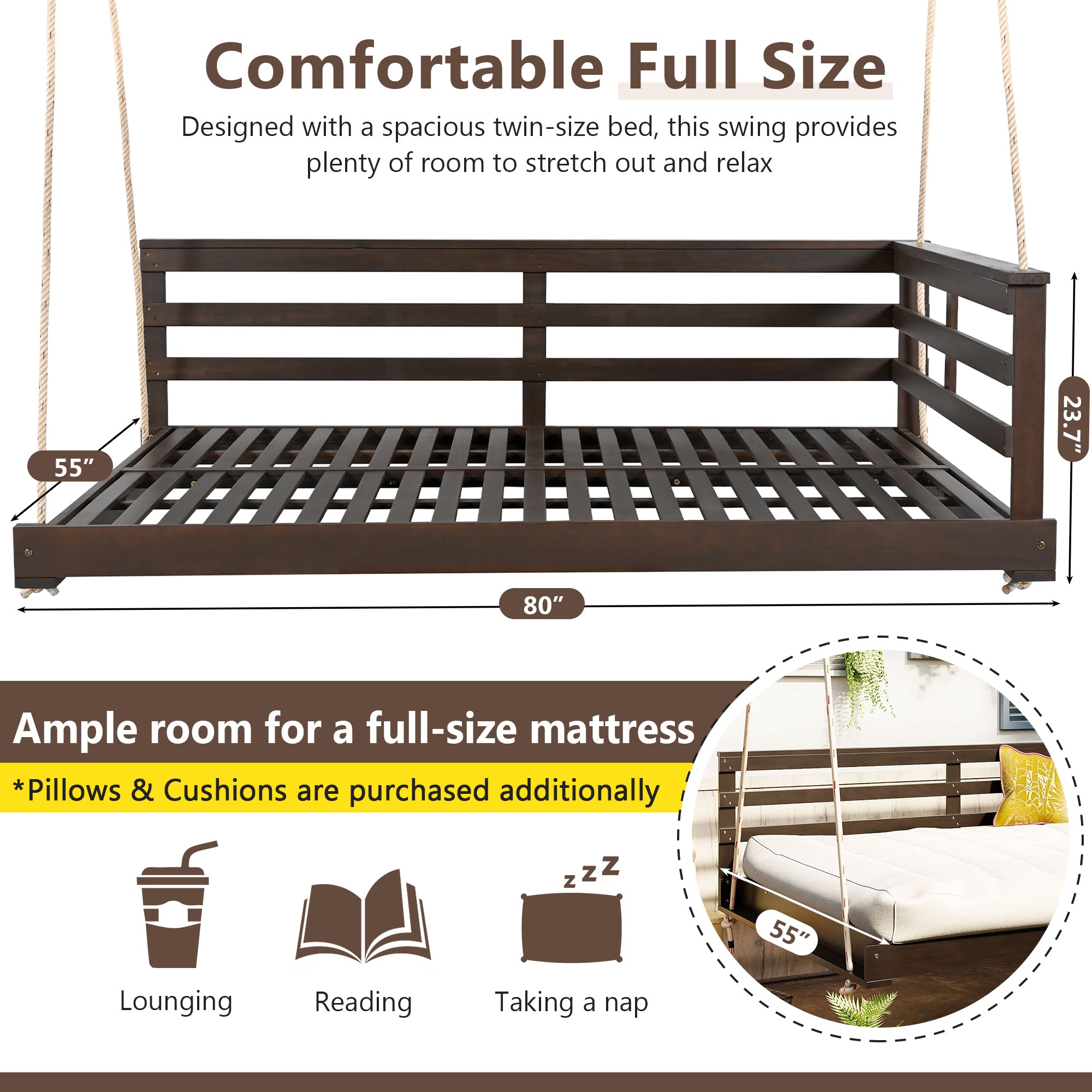 Acacia Wood Porch Swing Bed for Outdoor with Hemp Ropes - Full Size