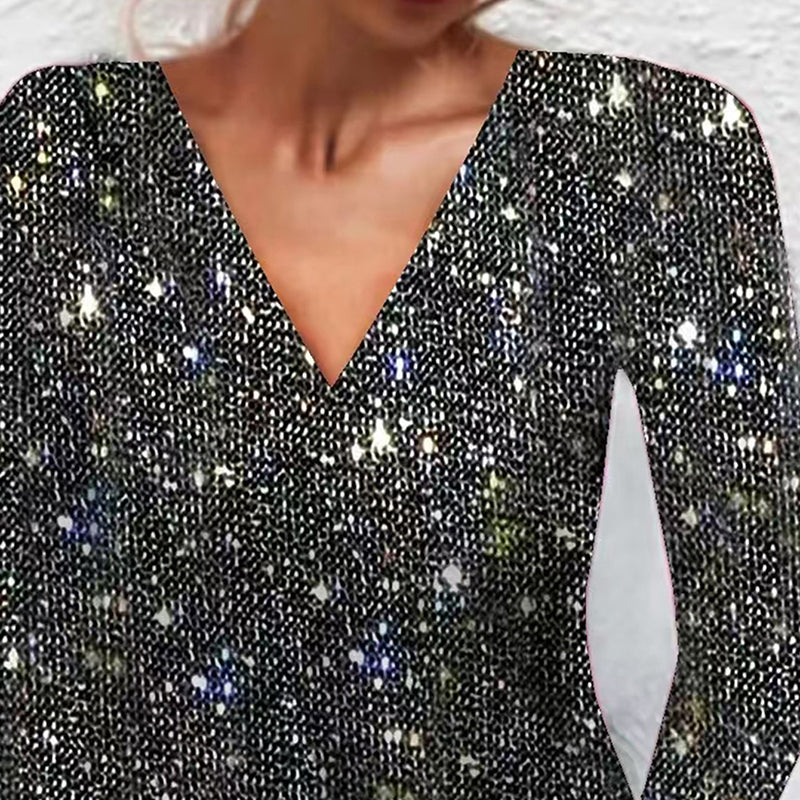 Elegant V-Neck Sparkly A-Line Midi Dress - Women's Solid Color Sequin Long Sleeve Party Dress For Evening