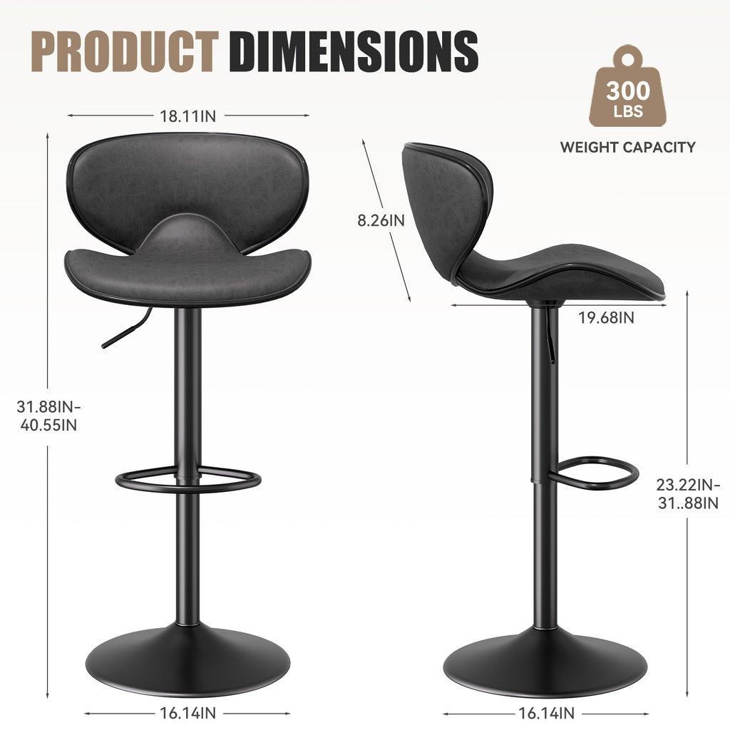 Nalupatio Modern Ergonomic Adjustable Bar Stools With PU Leather And Large Base Set Of 2
