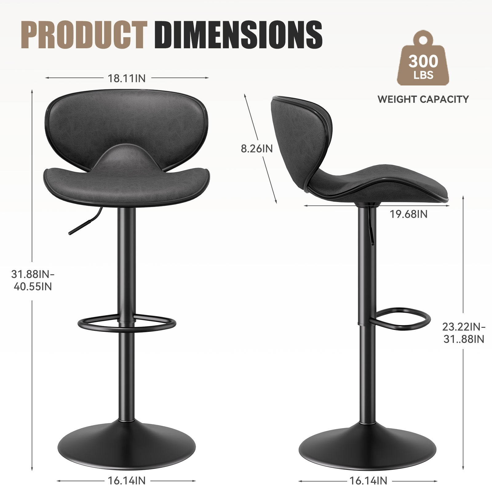 Nalupatio Modern Ergonomic Adjustable Bar Stools With PU Leather And Large Base Set Of 2