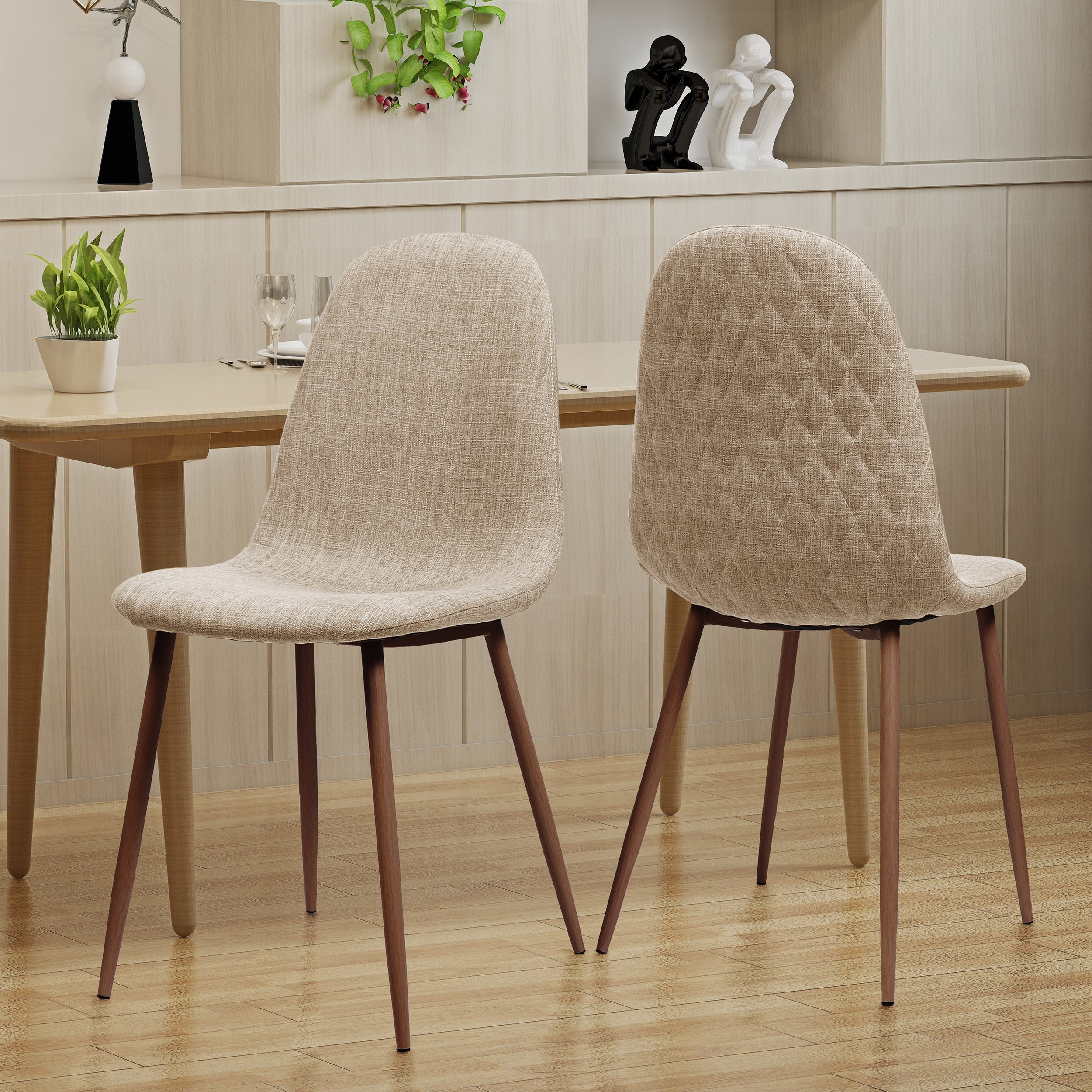 Elegant Wheat Fabric Dining Chair Set with Iron Legs and Dark Walnut