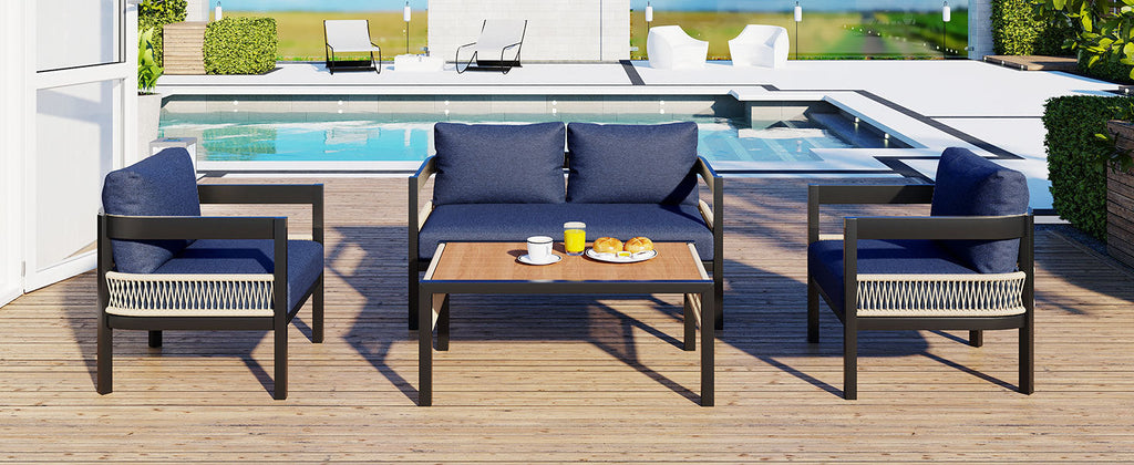 Multi-person Outdoor Iron Sofa Set with A table, Rattan Decoration,