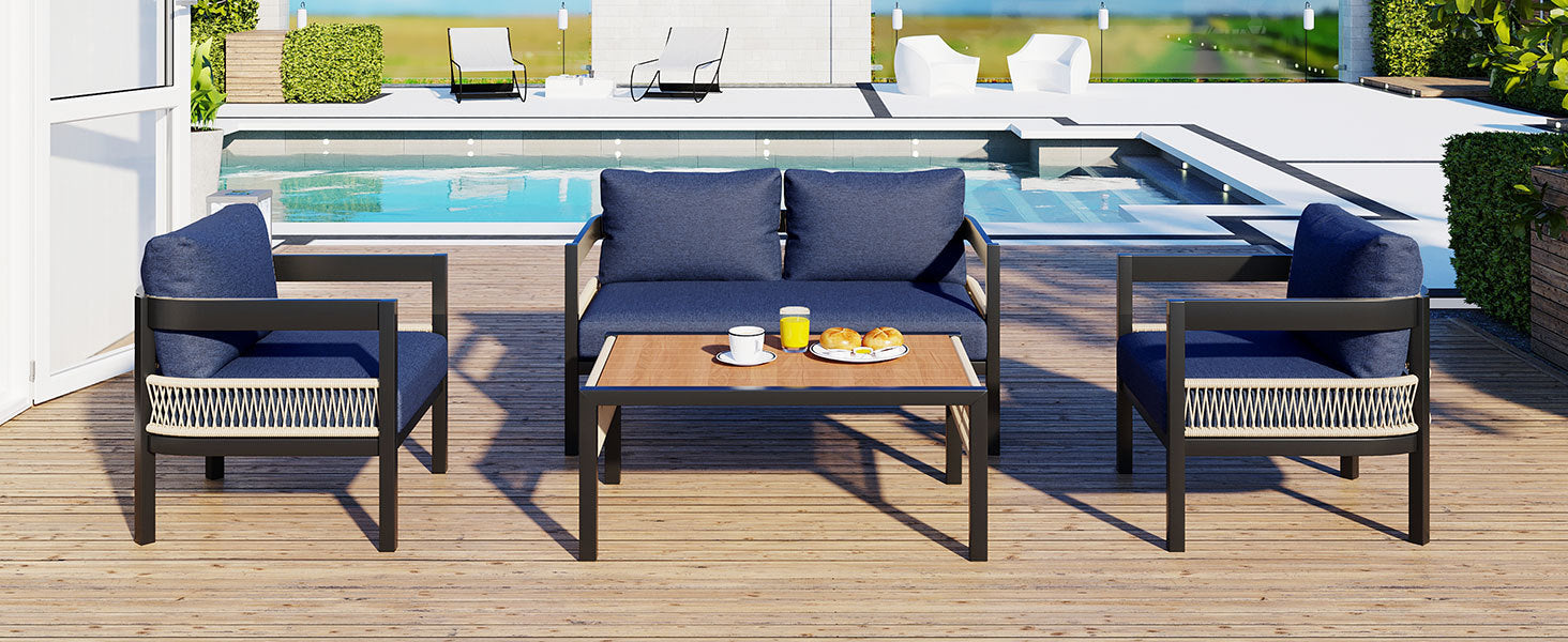 Multi-person Outdoor Iron Sofa Set with A table, Rattan Decoration,