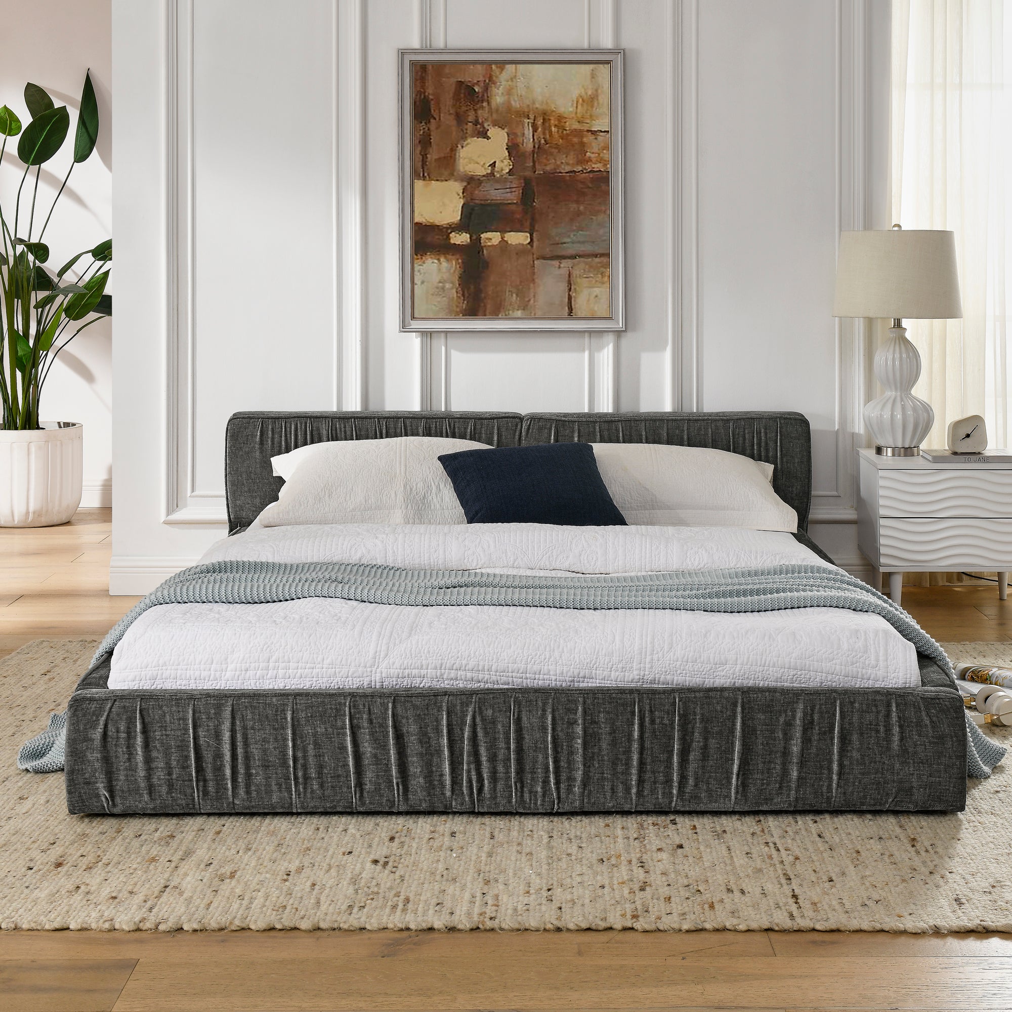 Modern Queen Size Upholstered Bed Frame with Chenille Fabric and