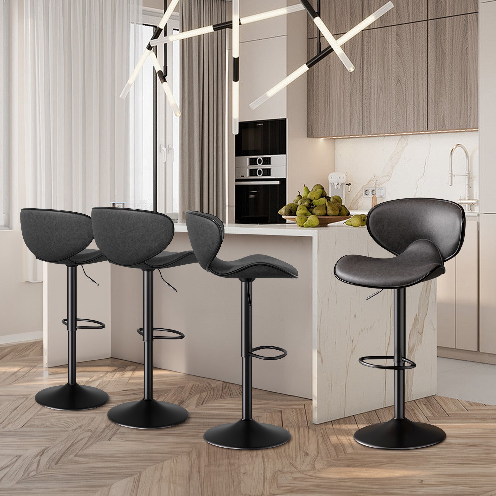 Nalupatio Modern Ergonomic Adjustable Bar Stools With PU Leather And Large Base Set Of 2