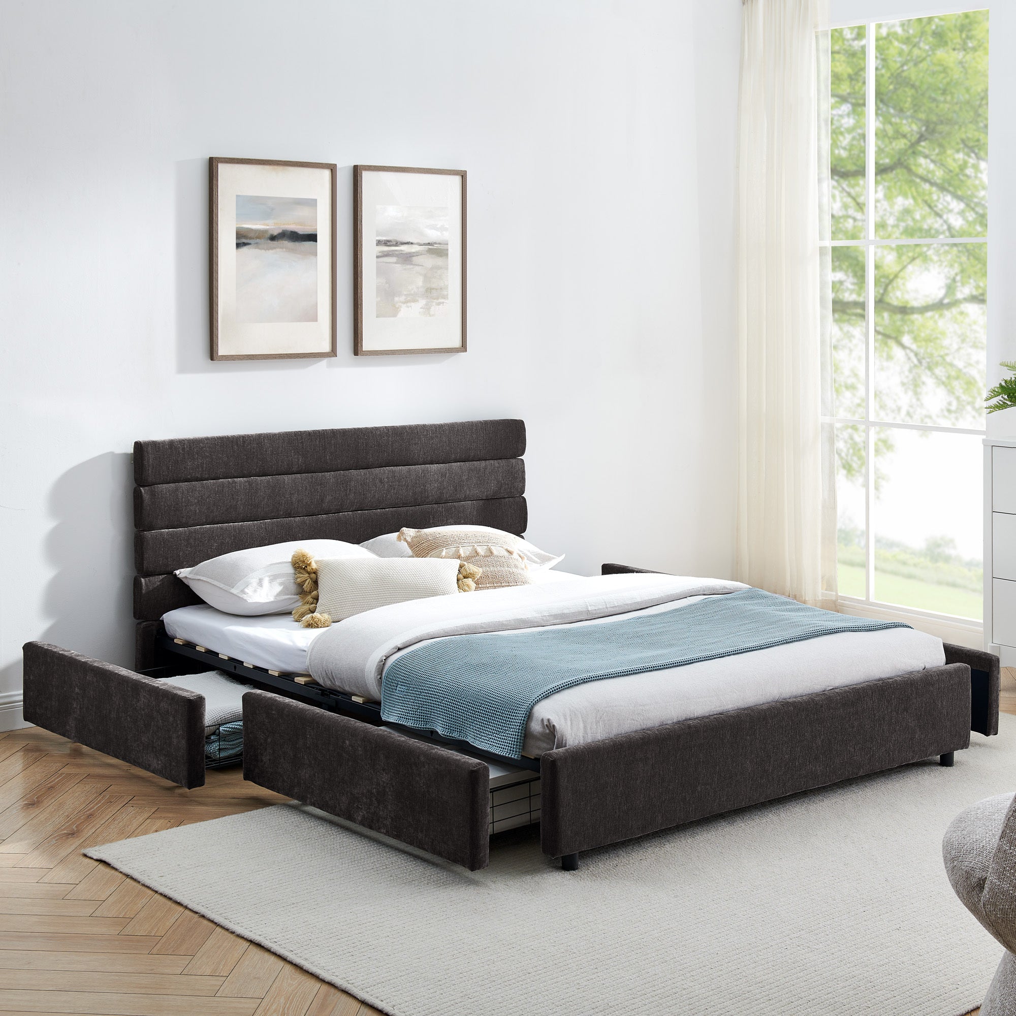 Queen size cushioned bed, comfortable cushioned bed frame, headboard