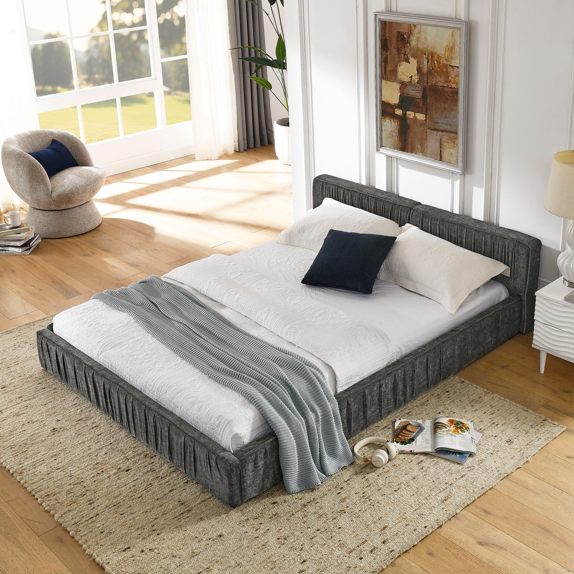 Modern Queen Size Upholstered Bed Frame with Chenille Fabric and