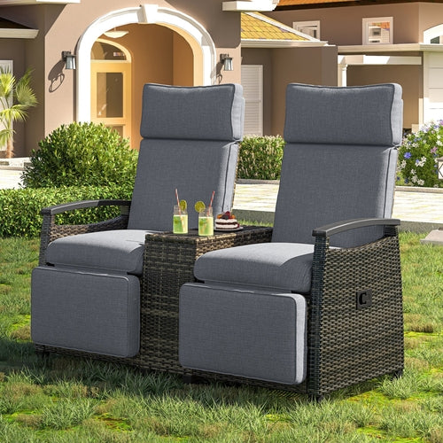 Patio Recliner Loveseat Chair, Adjustable Backrest Wicker Outdoor
