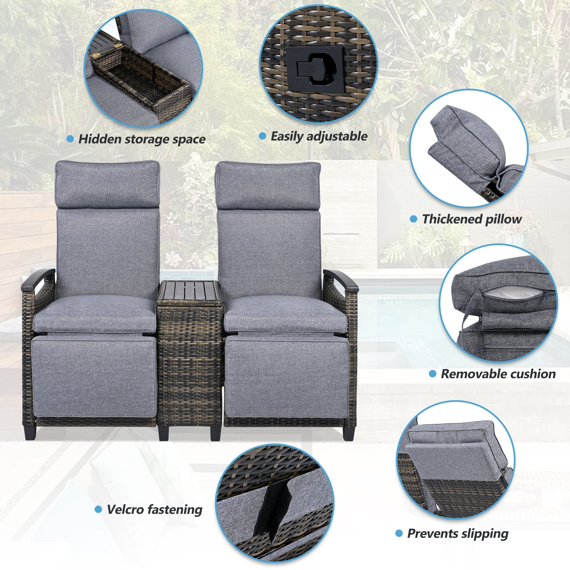 Patio Recliner Loveseat Chair, Adjustable Backrest Wicker Outdoor