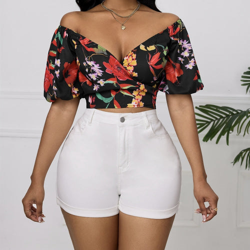 Ladies' Summer New Cross Wrapped Chest Lantern Sleeve Short Flower