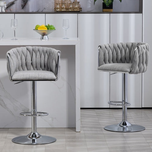 360 Fabric Cover Swivel Bar Stools Set Of 2, Adjustable Counter Height Bar Chairs With Woven Back & Footrest, Silver Chromed Bar Stools For Kitchen Island, Cafe, Pub