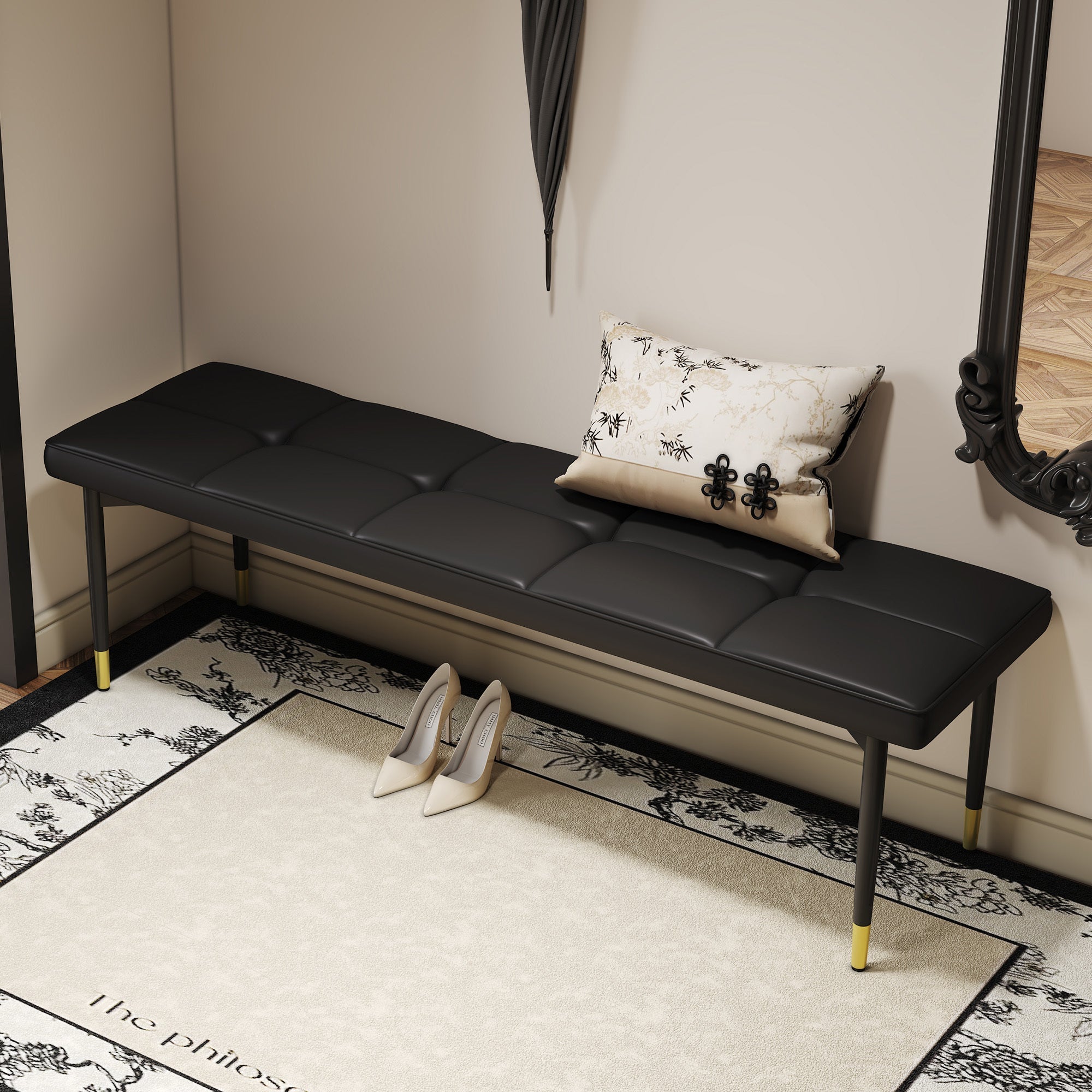 Multifunctional Black Shoe Bench with Faux PU Cushion, 59*17 Inch.It