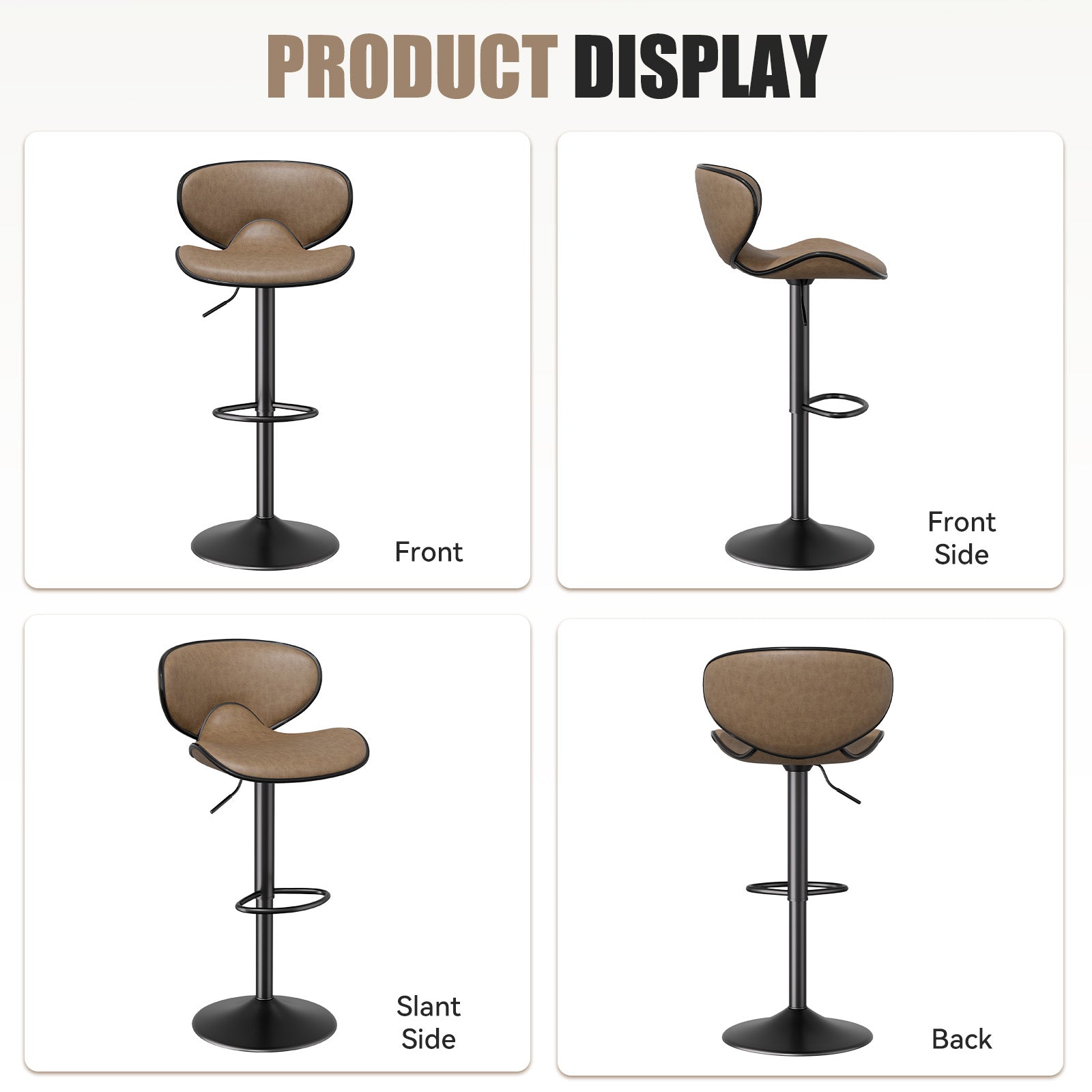 Nalupatio Modern Ergonomic Adjustable Bar Stools With PU Leather And Large Base Set Of 2