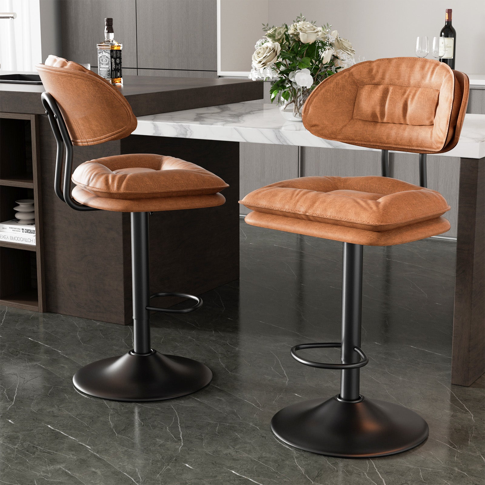 Modern Bar Stools Set Of 2, Double-Layer Adjustable Bar Stools With Back, Ergonomic Upholstered Fabric Swivel Barstools For Kitchen Island