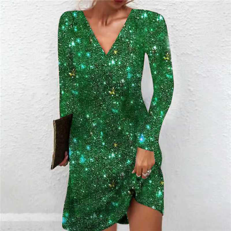 Elegant V-Neck Sparkly A-Line Midi Dress - Women's Solid Color Sequin Long Sleeve Party Dress For Evening