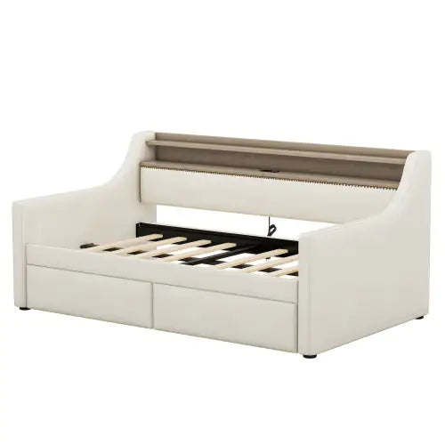 Twin Size Daybed With Storage Drawers, Upholstered Daybed With Charging Station And LED Lights, Beige