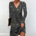 Elegant V-Neck Sparkly A-Line Midi Dress - Women's Solid Color Sequin Long Sleeve Party Dress For Evening