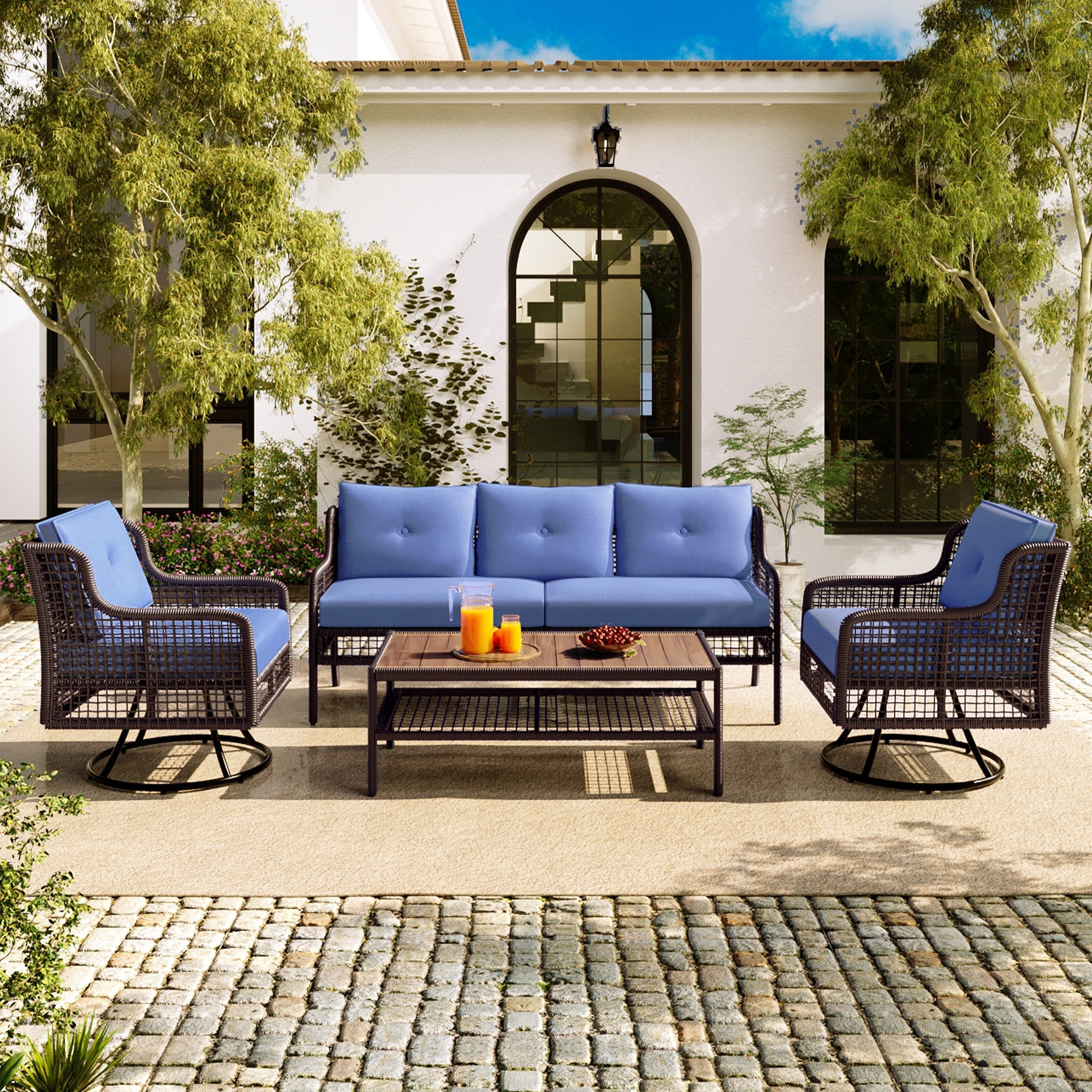 4 Pieces Patio Furniture Set with Swivel Chairs, Outdoor Wicker Sofas