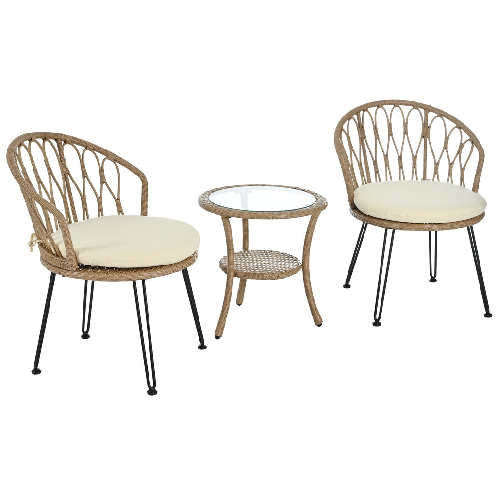 Outdoor Leisure Set, 2 Rattan Single Chairs with A Glass Round Table,