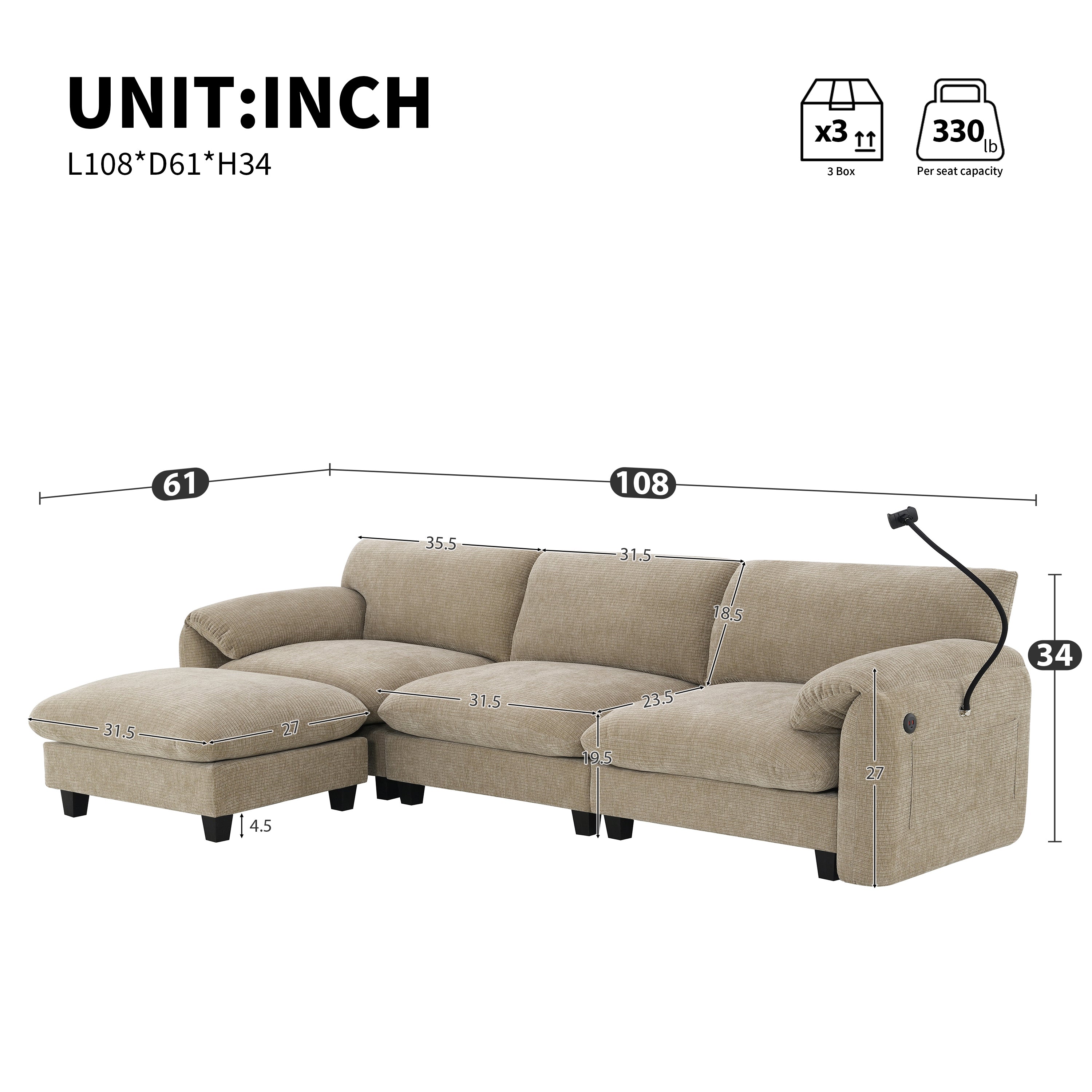 108' Modular Sectional Sofa, L-Shape with 31.5' Extra-Wide Seat