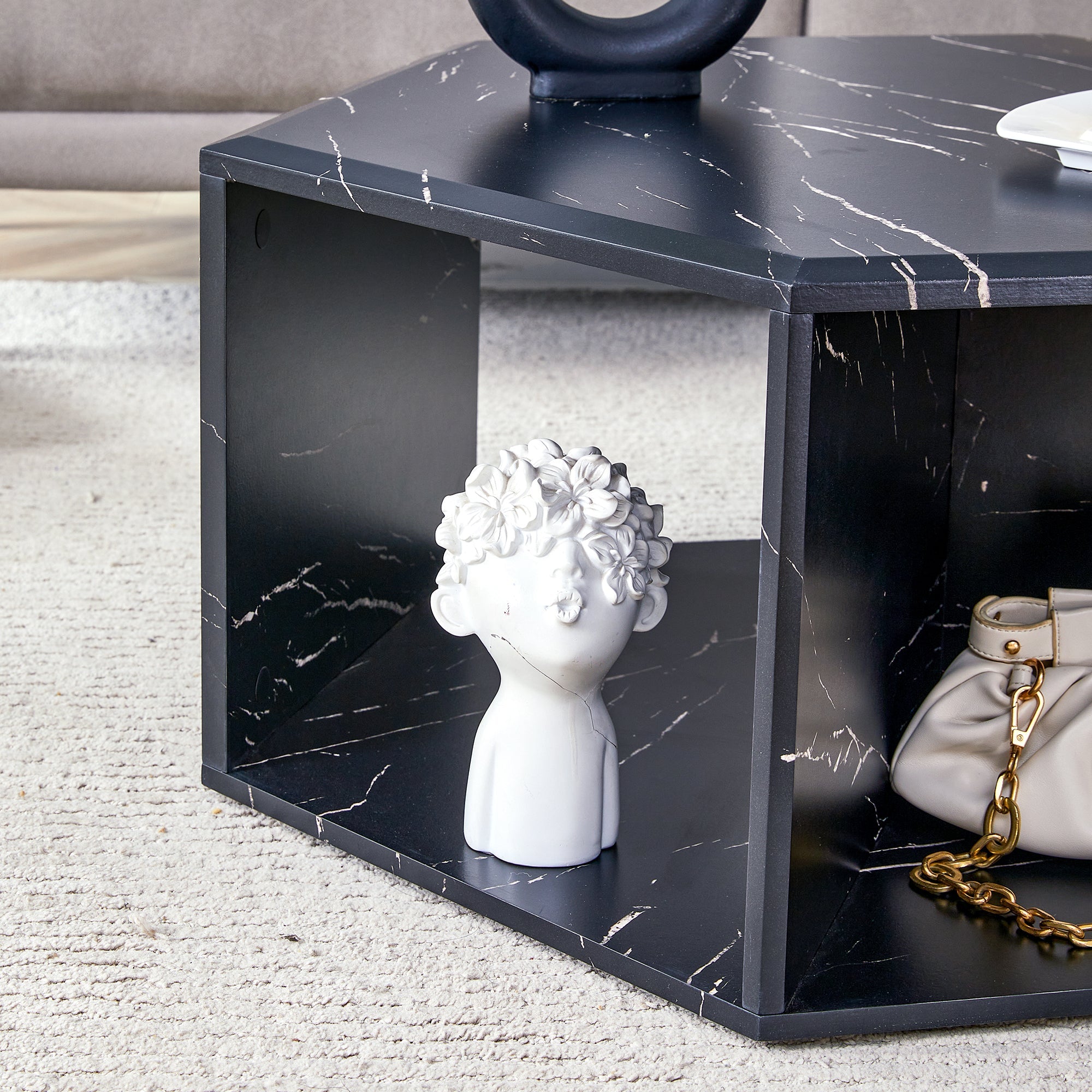 Hexagonal MDF Coffee Table with Characteristic Pattern Stickers and