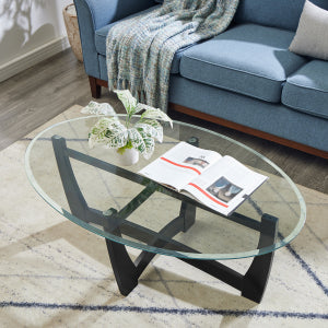 48 Inch Oval Glass Coffee Table, Black Round Coffee Table Center Table