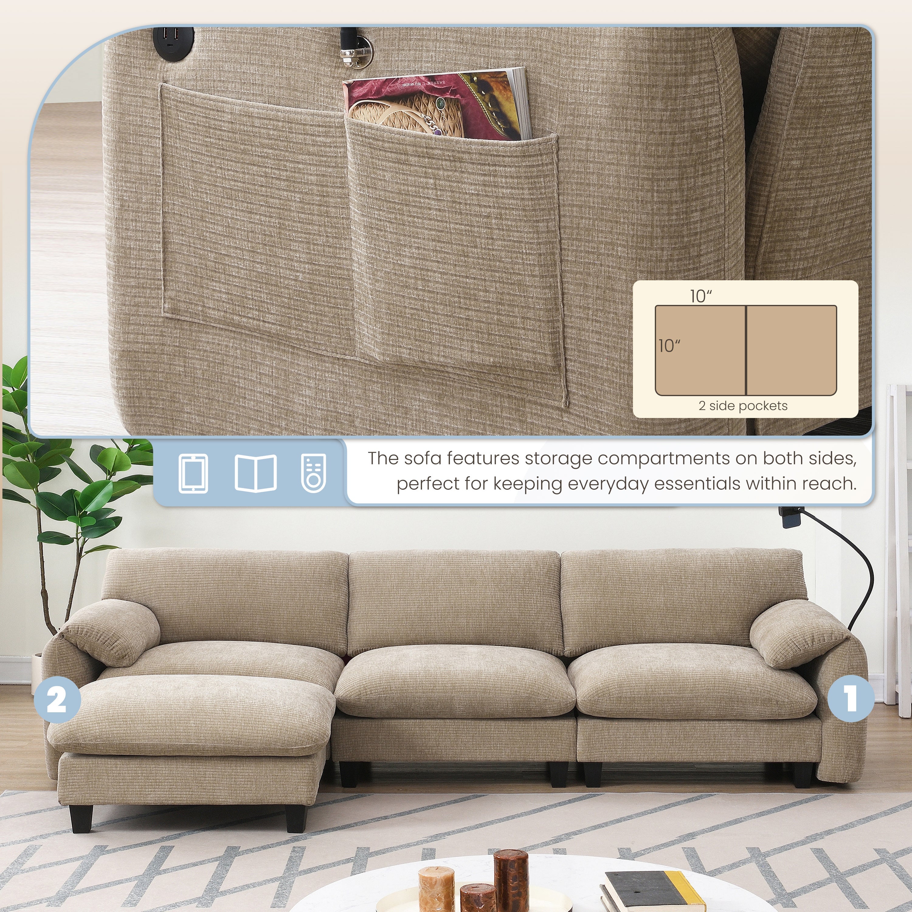 108' Modular Sectional Sofa, L-Shape with 31.5' Extra-Wide Seat