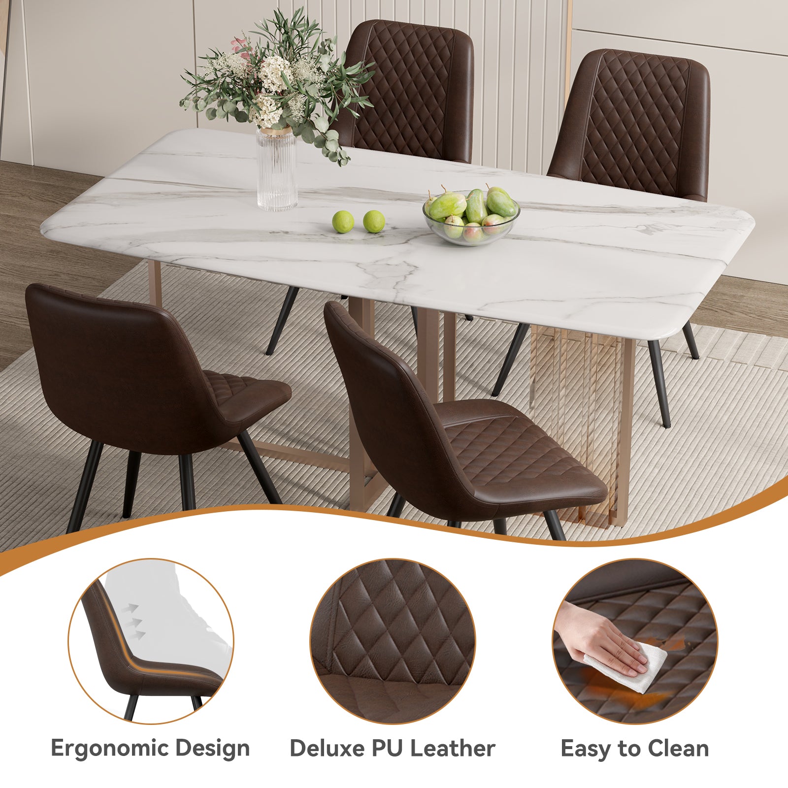 Modern Dining Chairs Set Of 2, Top PU Leather Upholstered Dining Room Chairs With Metal Legs, Ergonomic Kitchen Chairs For Kitchen Dinning Room