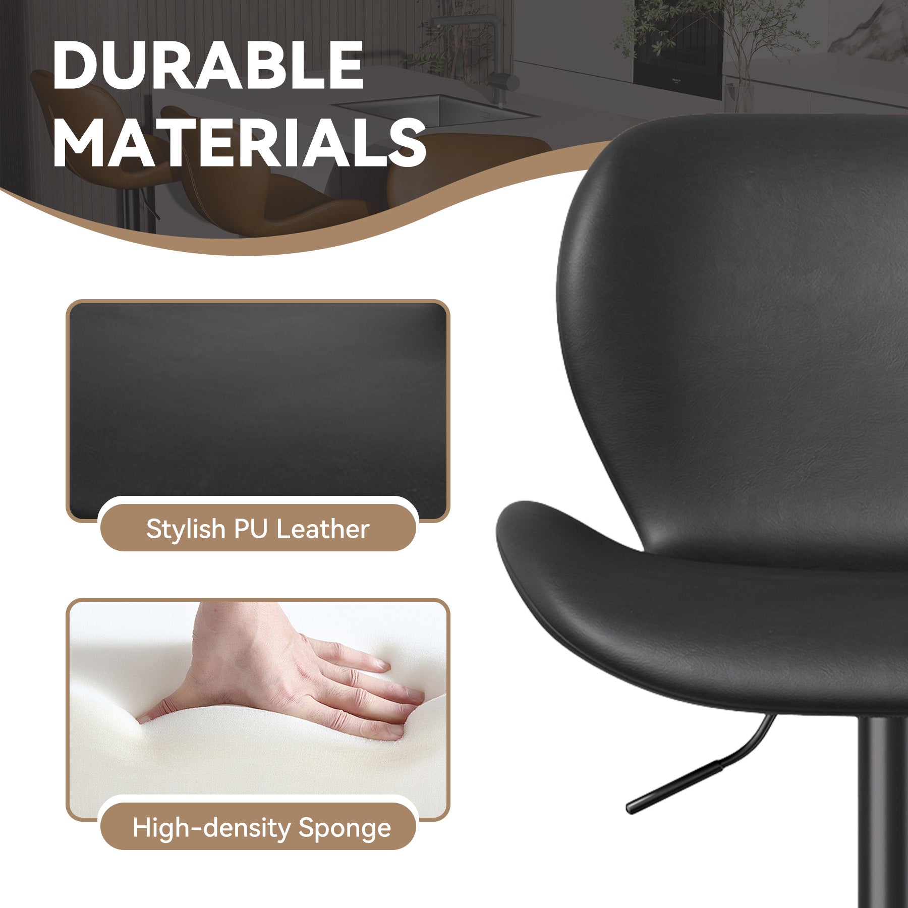 Bar Stools Set Of 2,PU Leather Upholstered Barstools With Back & Footrest, Seat Adjustable Height 22.2-31IN Counter Height Bar Chairs For Bar Kitchen Island