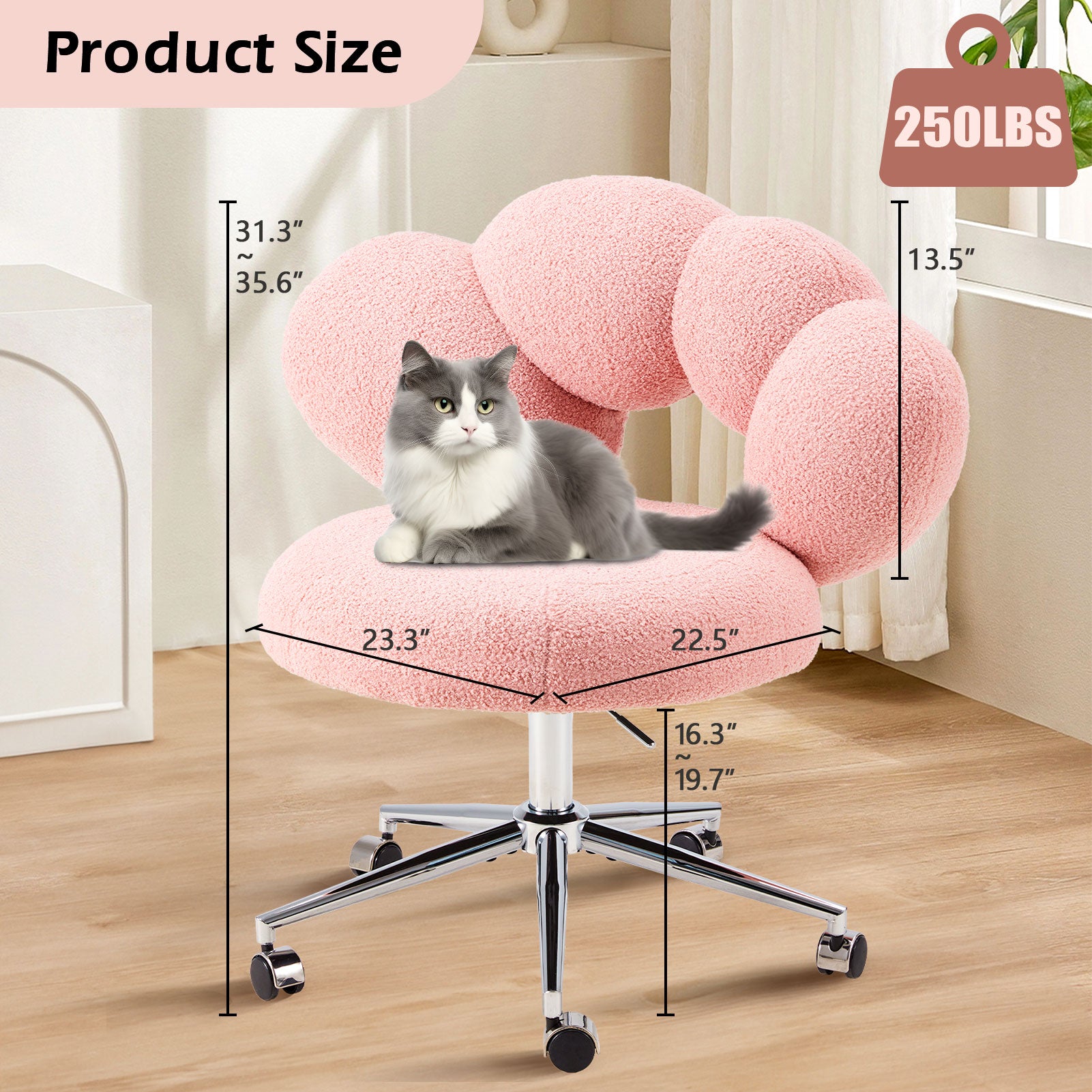 Armless Desk Chair Teddy Fabric Vanity Chair With Wheel