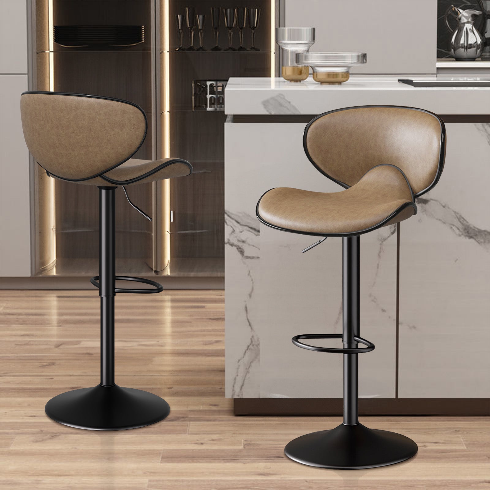 Nalupatio Modern Ergonomic Adjustable Bar Stools With PU Leather And Large Base Set Of 2