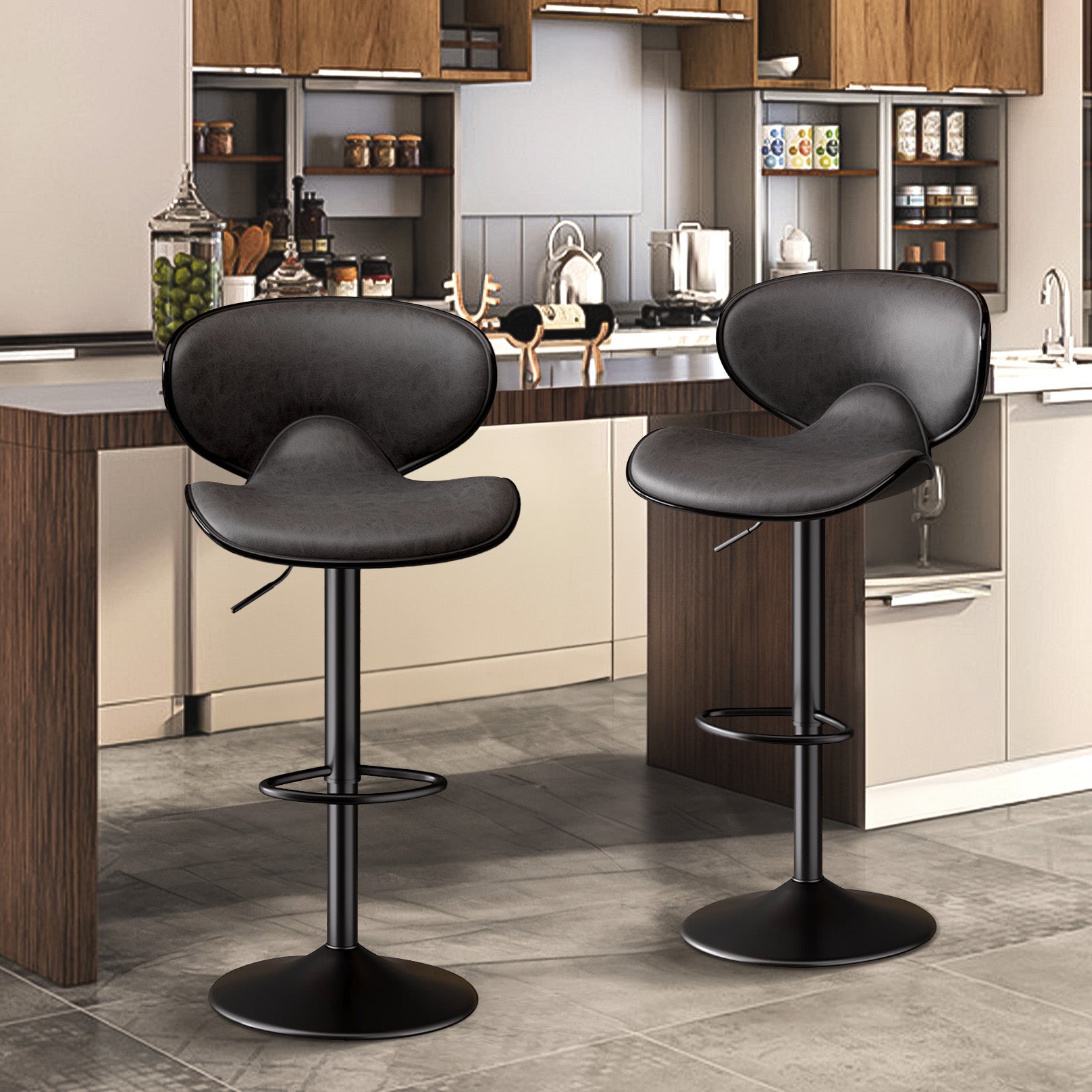 Nalupatio Modern Ergonomic Adjustable Bar Stools With PU Leather And Large Base Set Of 2