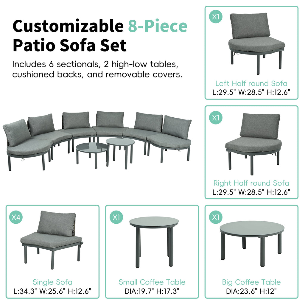 8-Piece Patio Sofa Furniture Set, Half Moon Outdoor Sectional Sofa