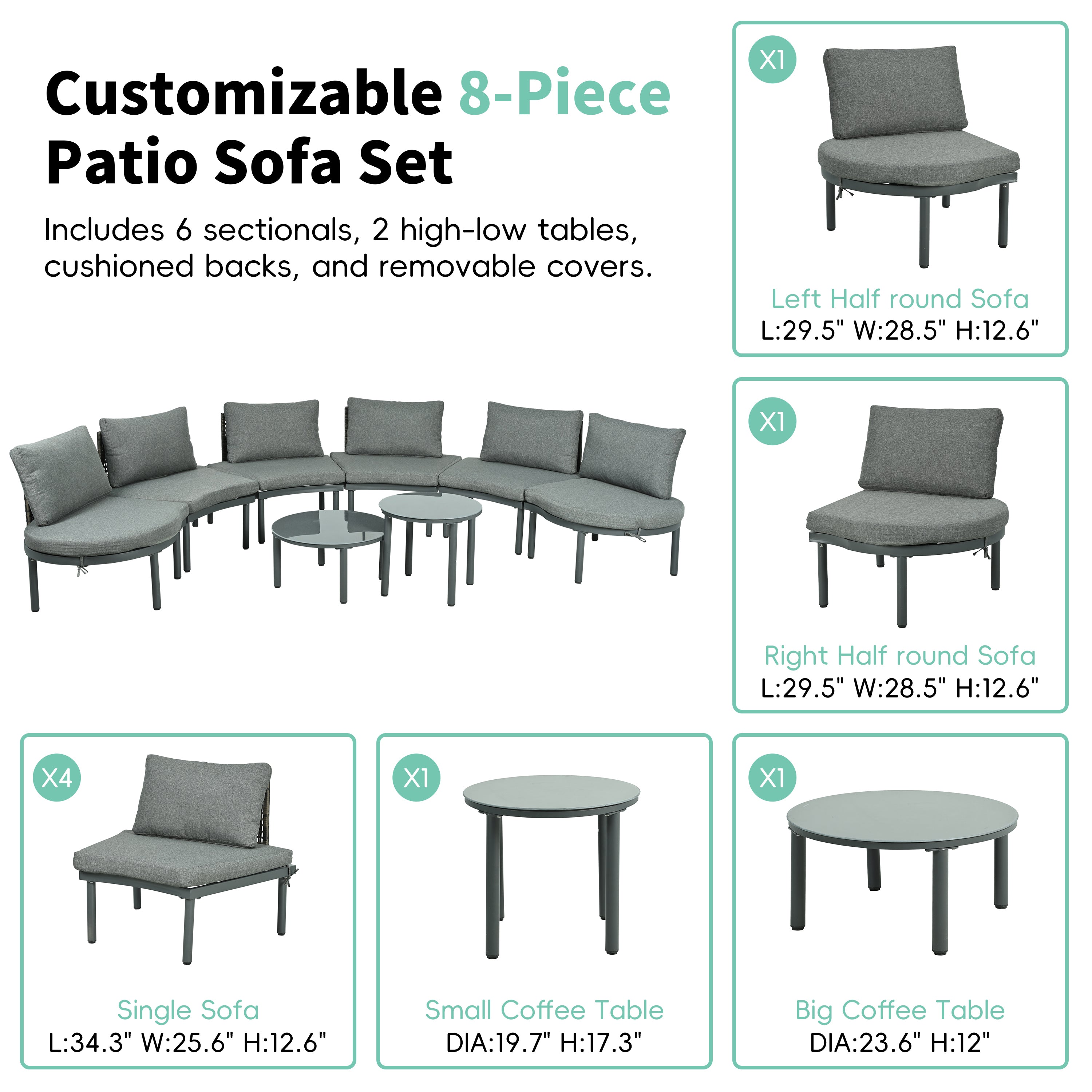 8-Piece Patio Sofa Furniture Set, Half Moon Outdoor Sectional Sofa