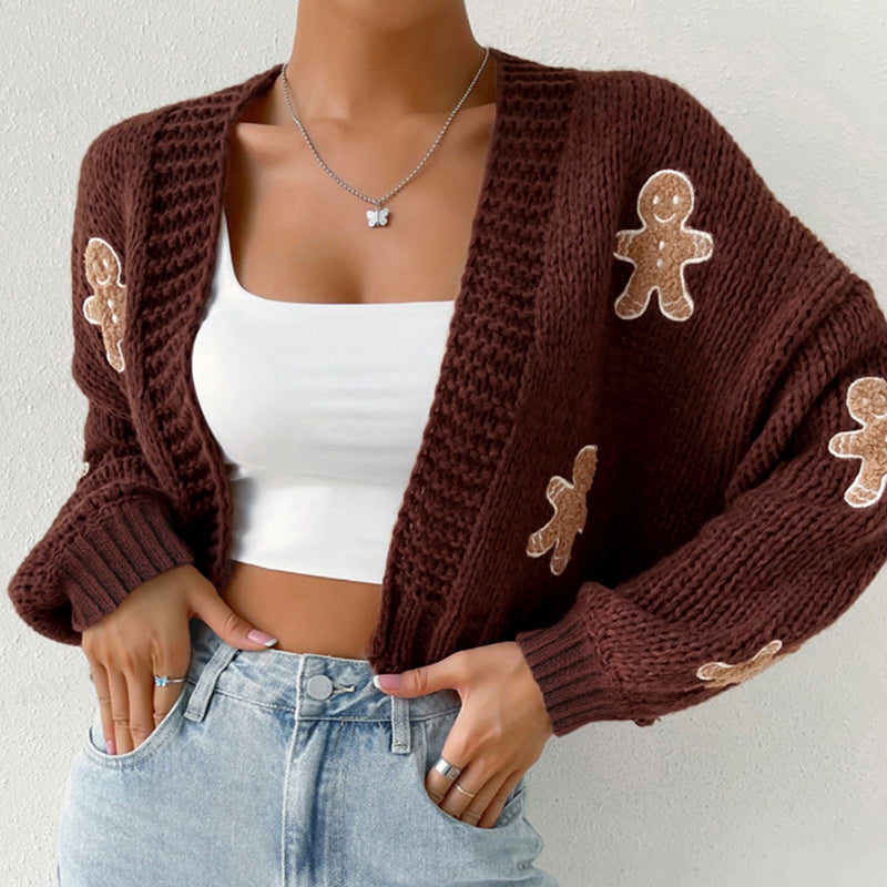 Gingerbread Man Knit Cardigan - Women's Solid V-Neck Ribbed Cuffed Short Sweater, Casual Spring Autumn Polyester Top