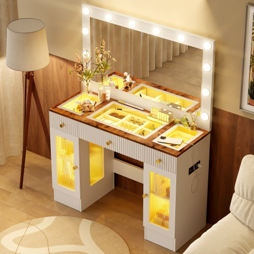 43.3 Vanity Desk With Large Mirror And Hollywood Bulbs, Modern Glass Top Makeup Vanity With Drawers And Power Outlet, Large Dressing Table With 3 Color Lighting Modes & RGB Cabinets For Bedroom