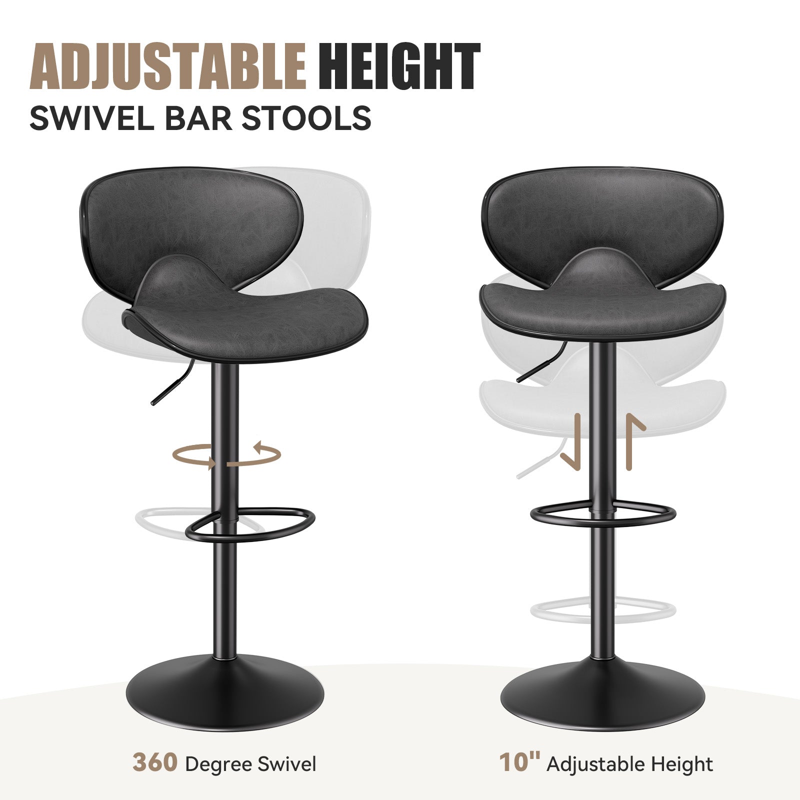 Nalupatio Modern Ergonomic Adjustable Bar Stools With PU Leather And Large Base Set Of 2