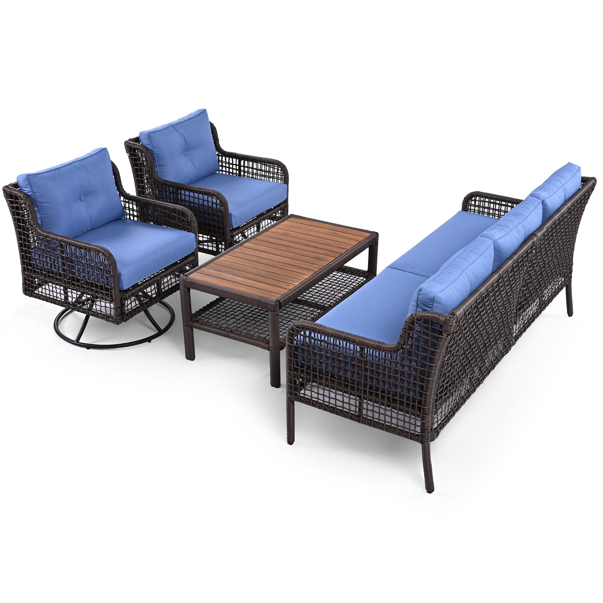 4 Pieces Patio Furniture Set with Swivel Chairs, Outdoor Wicker Sofas
