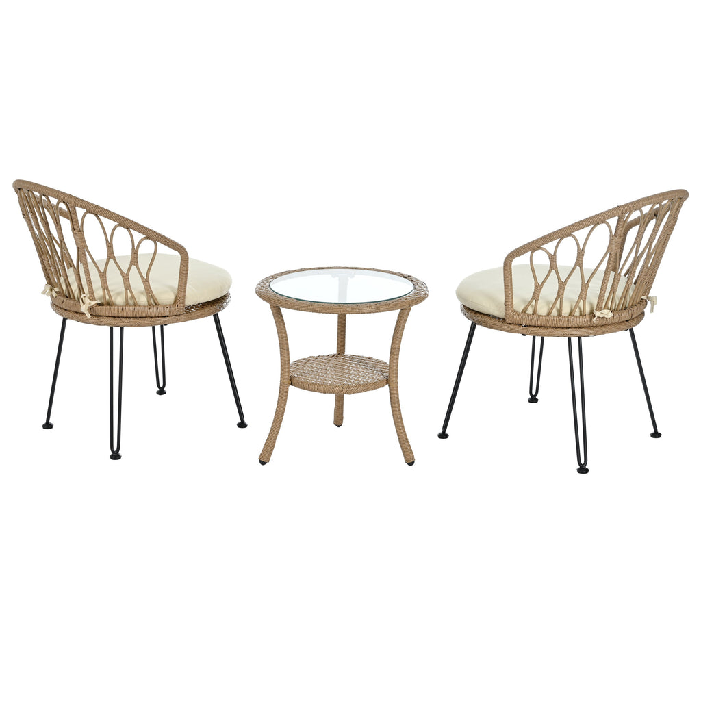 Outdoor Leisure Set, 2 Rattan Single Chairs with A Glass Round Table,