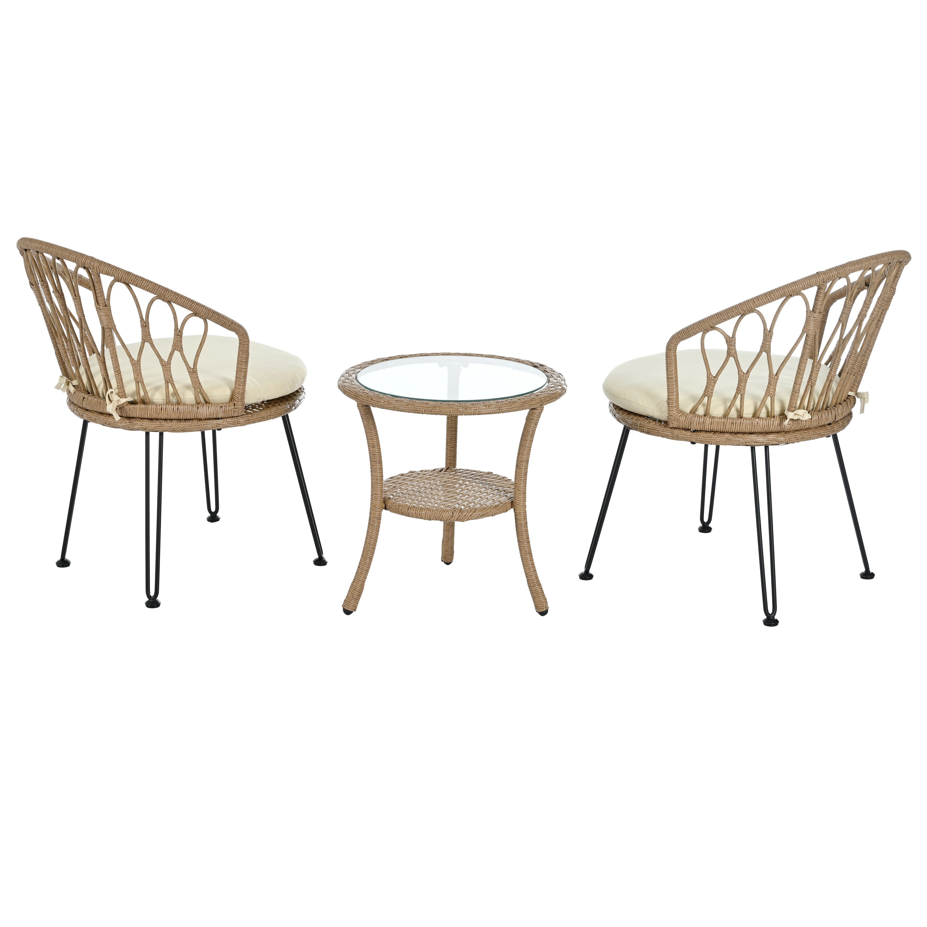 Outdoor Leisure Set, 2 Rattan Single Chairs with A Glass Round Table,